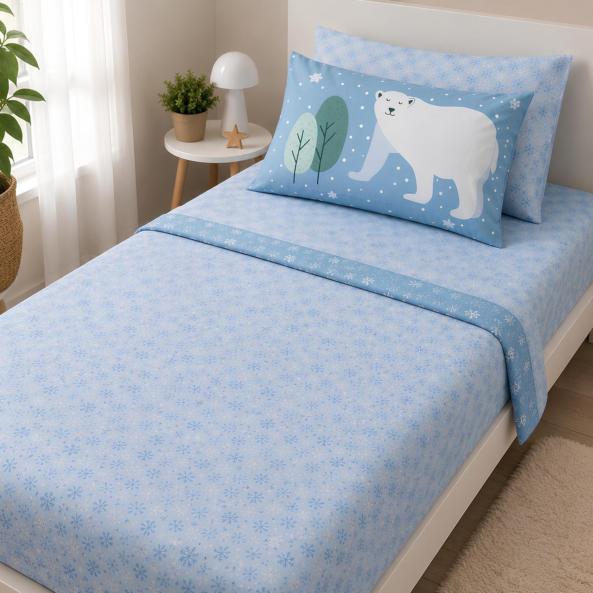 Completo lenzuola singolo Caleffi Polar 100% cotone colore azzurro con fantasia orso polare