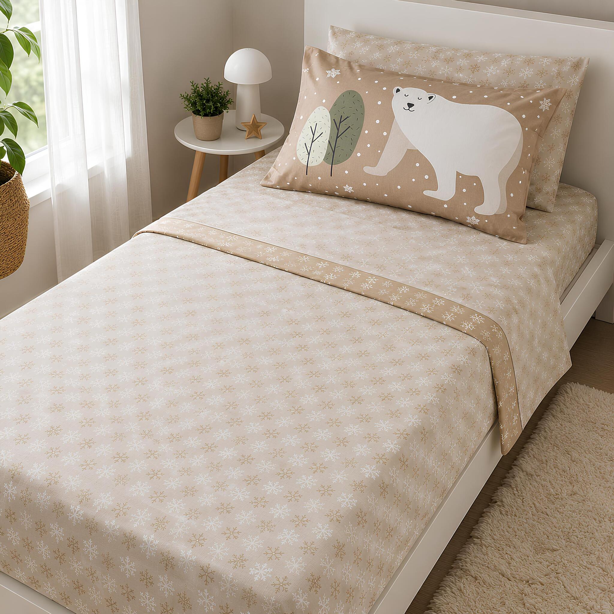Completo lenzuola singolo Caleffi Polar 100% cotone colore naturale con fantasia orso polare