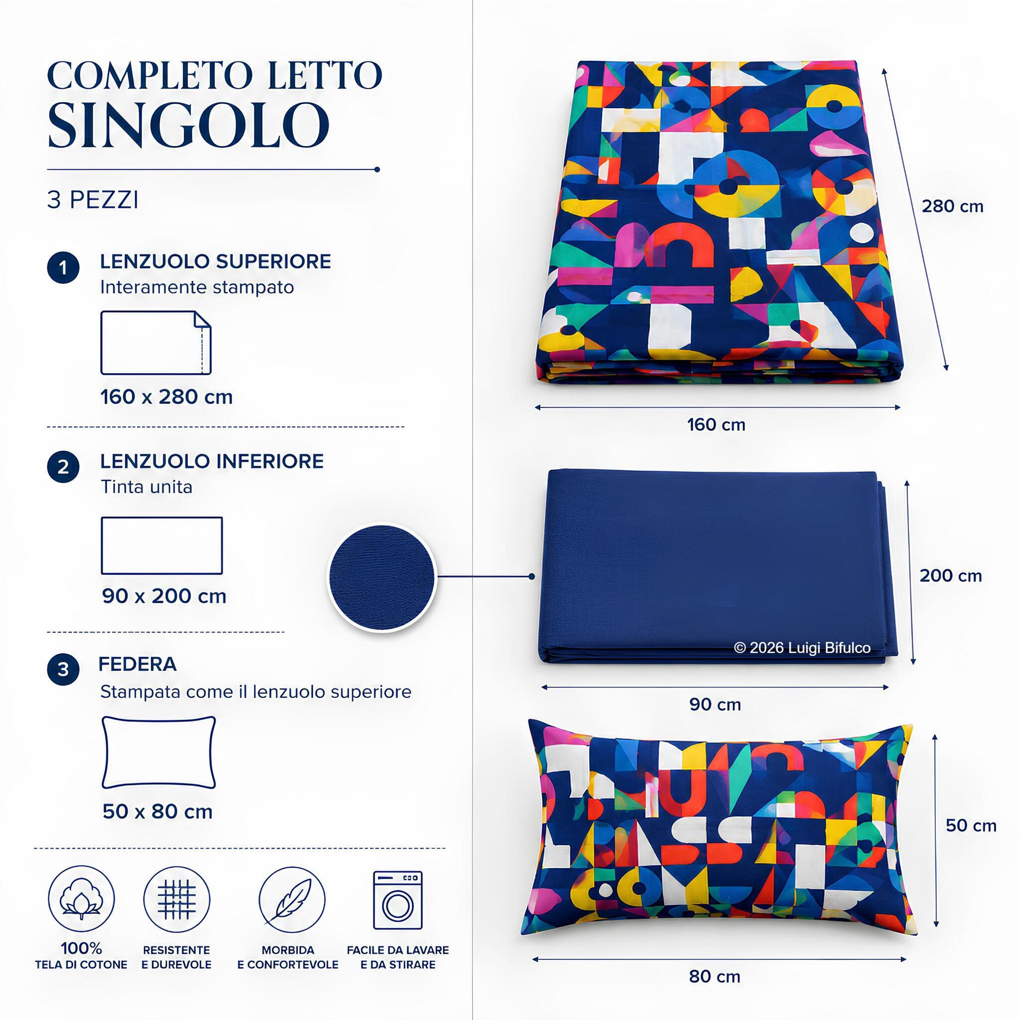 Misure completo lenzuola singolo Bassetti Playtime blu con lenzuolo superiore, inferiore e federa