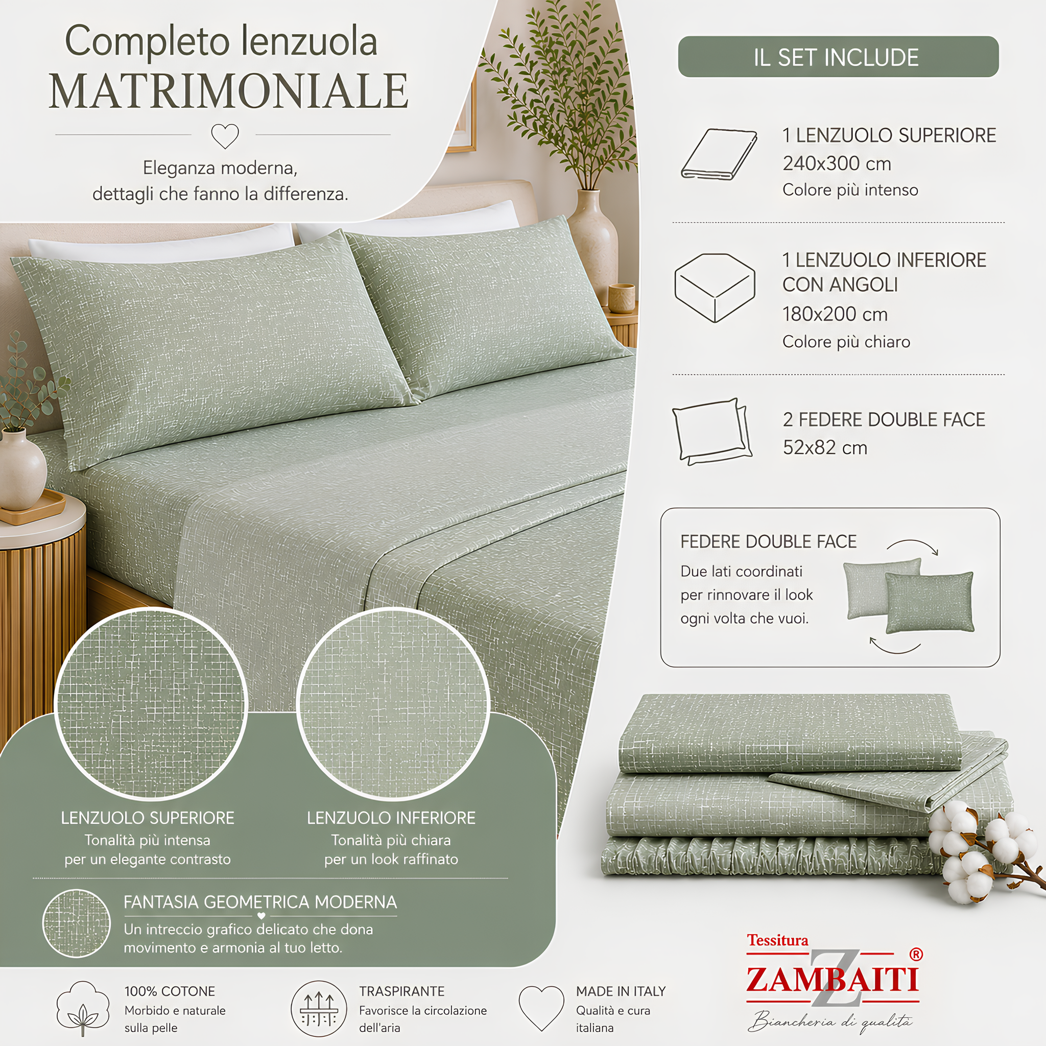 Set completo lenzuola una piazza e mezza con lenzuolo sopra, sotto con angoli e federa oliva