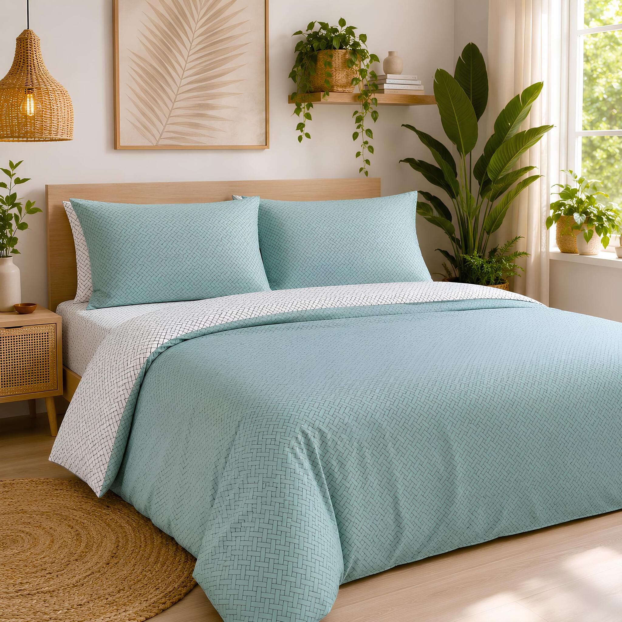 Completo lenzuola una piazza e mezza Zambaiti Simme in 100% cotone Made in Italy con fantasia geometrica verde giada