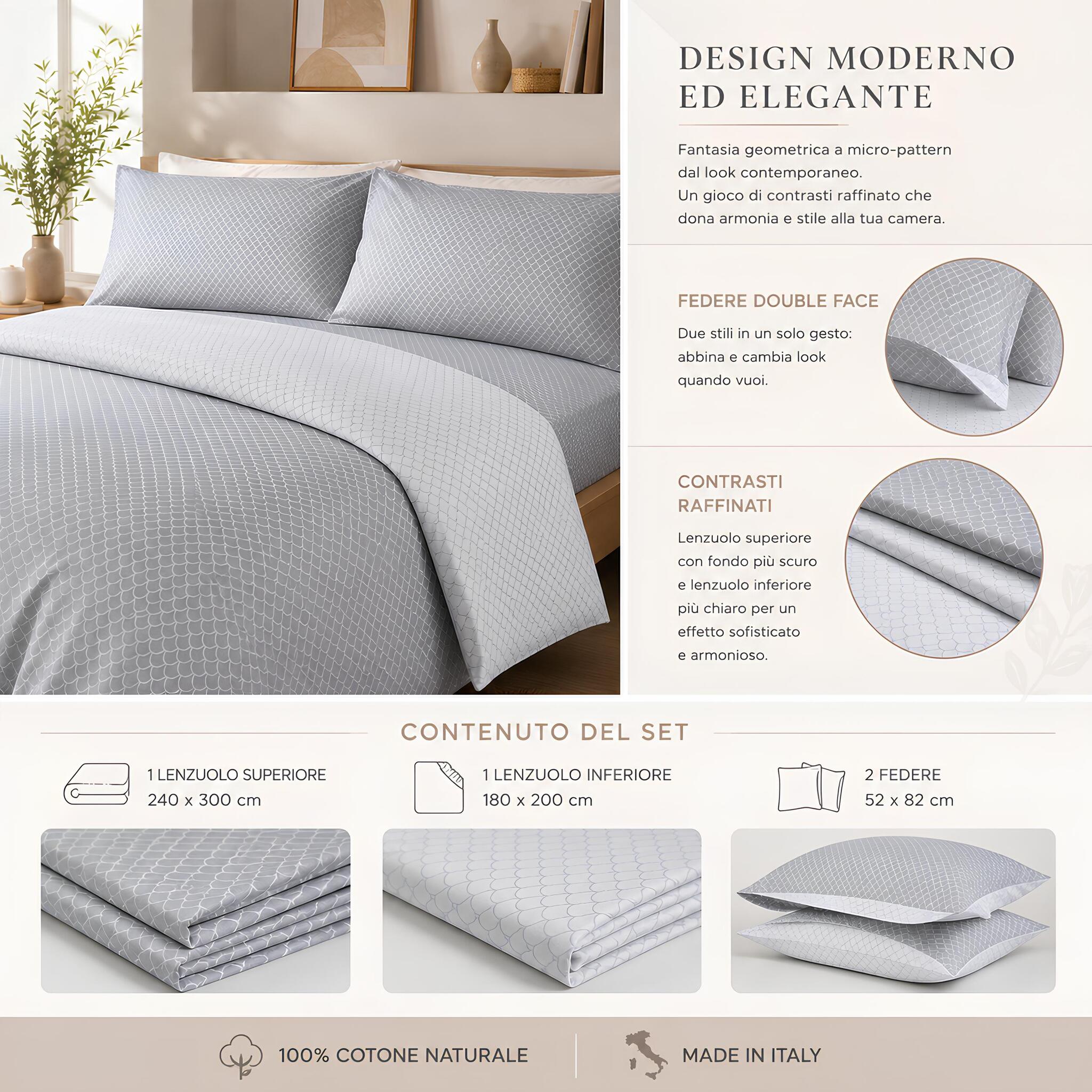Contenuto del set completo lenzuola matrimoniale Zambaiti Arki con lenzuolo sopra, sotto e due federe grigio