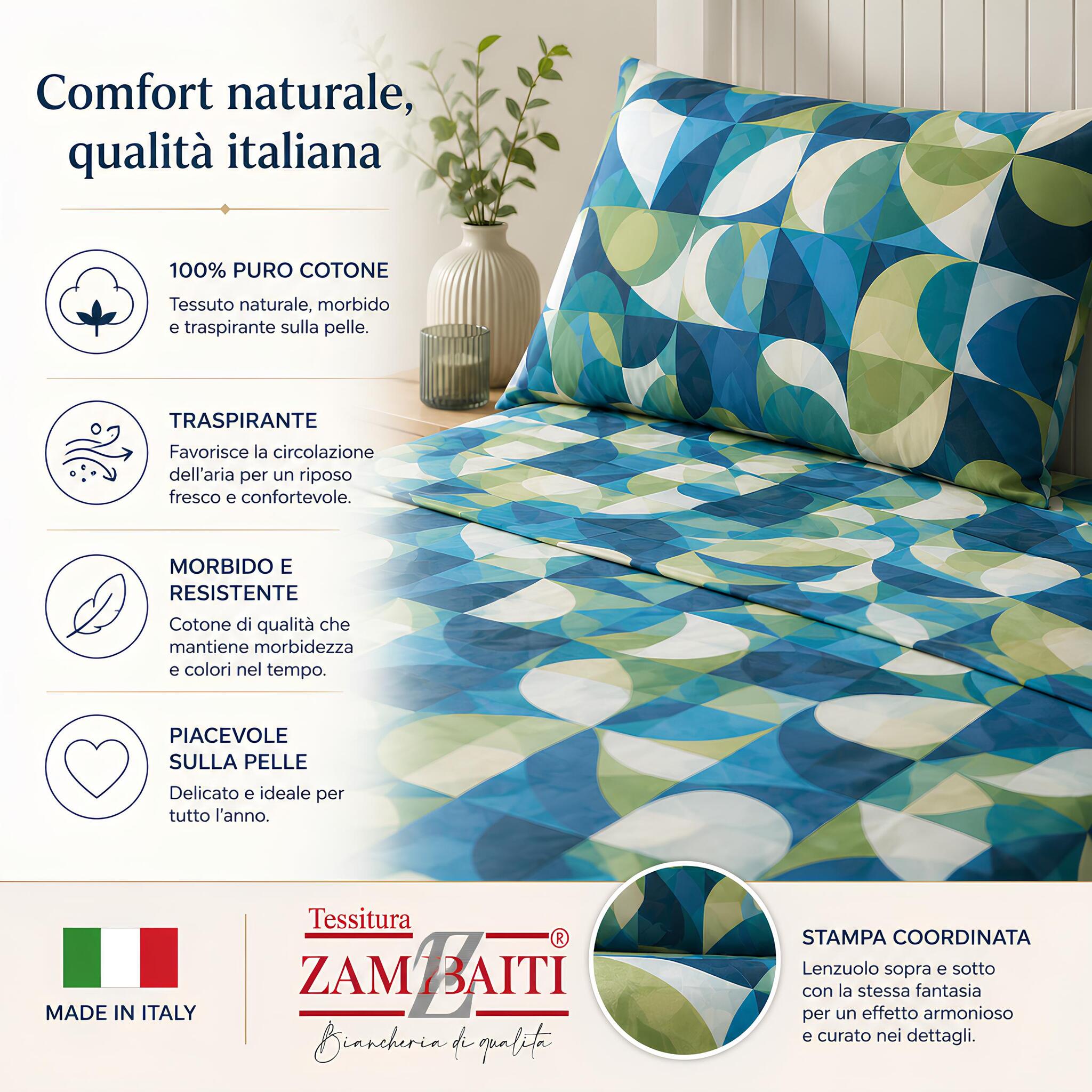 Completo letto matrimoniale Zambaiti Kuad in puro cotone morbido e traspirante con stampa coordinata.