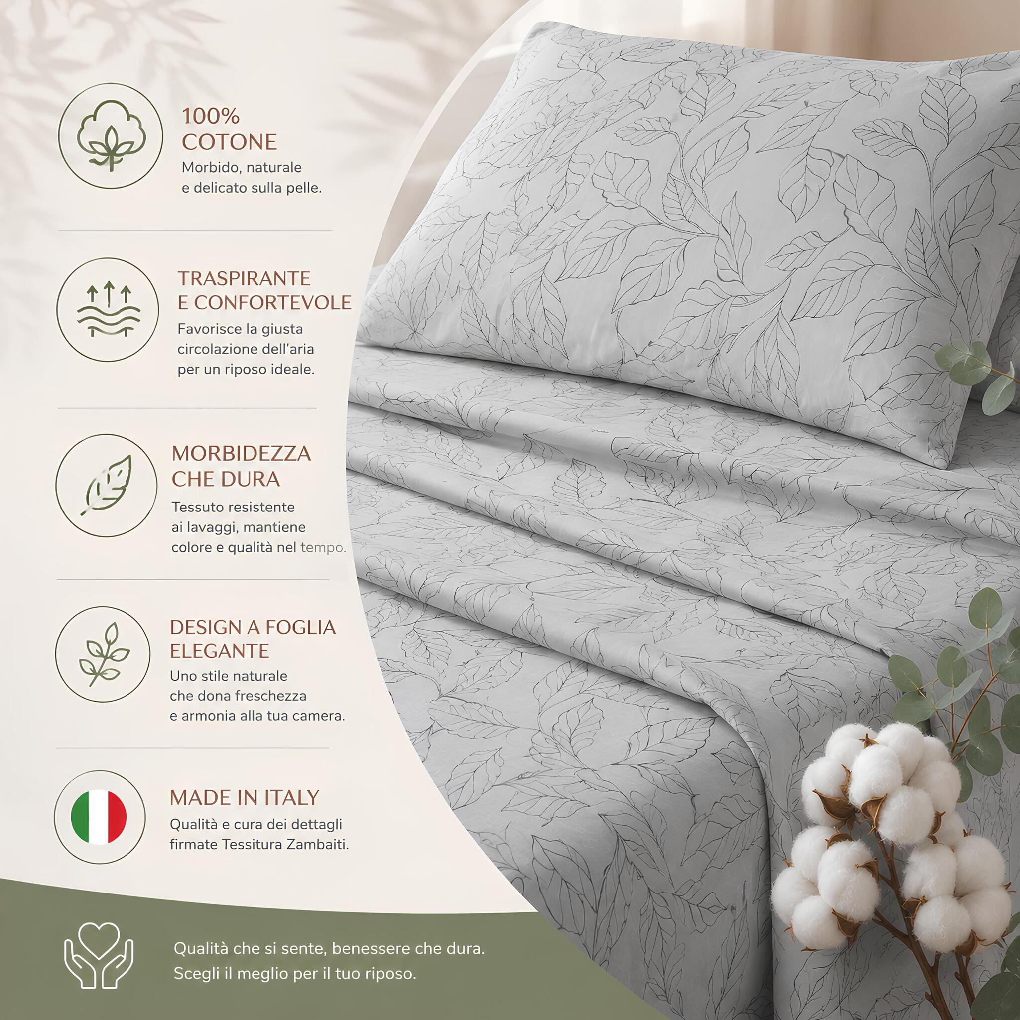 Caratteristiche completo lenzuola Zambaiti Prion in cotone traspirante e Made in Italy