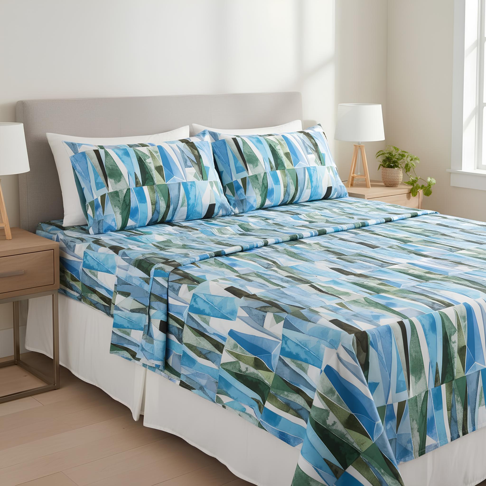 Completo lenzuola matrimoniale Zambaiti Vertice blu in cotone con fantasia geometrica