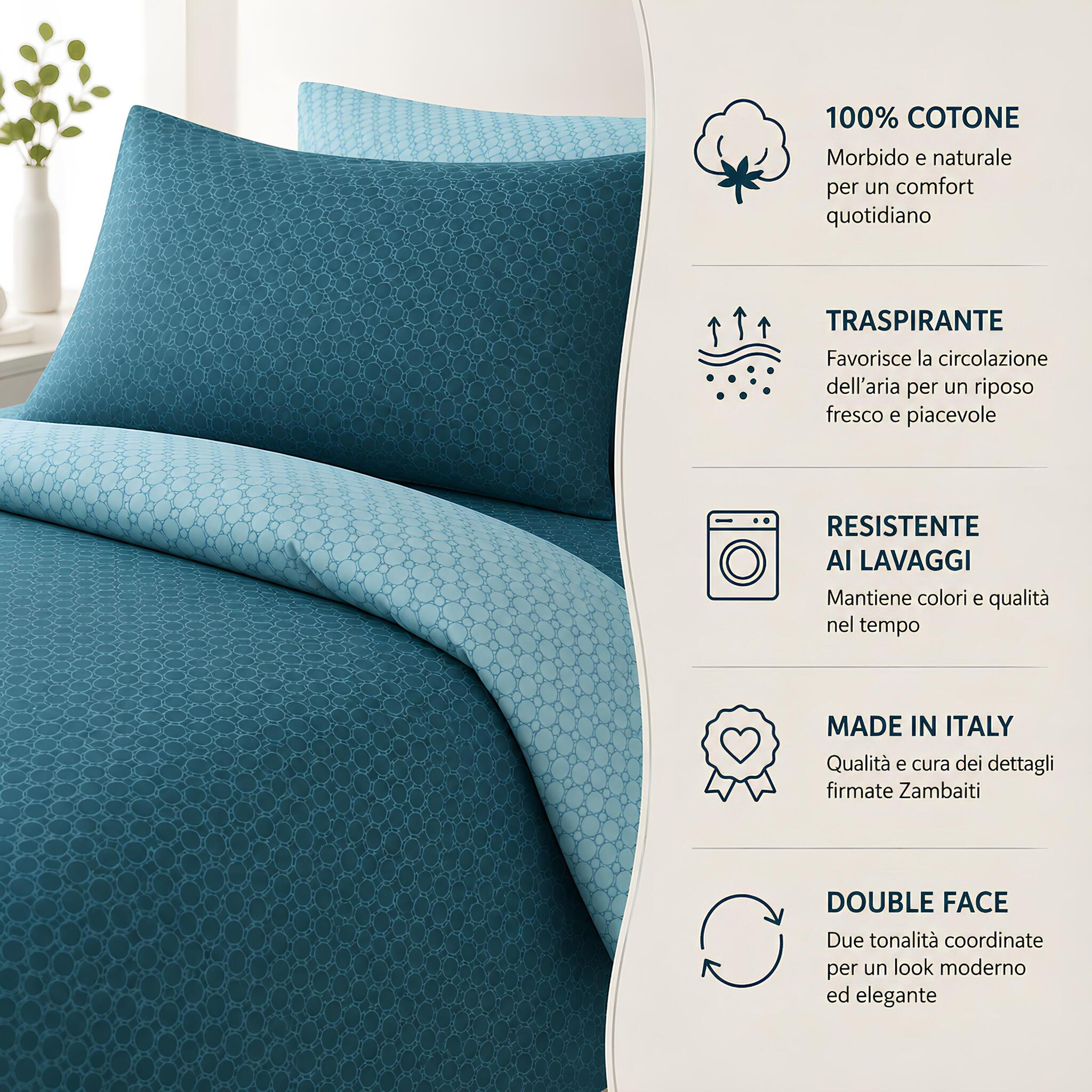 Completo letto matrimoniale Zambaiti Vity in puro cotone morbido, traspirante e double face.