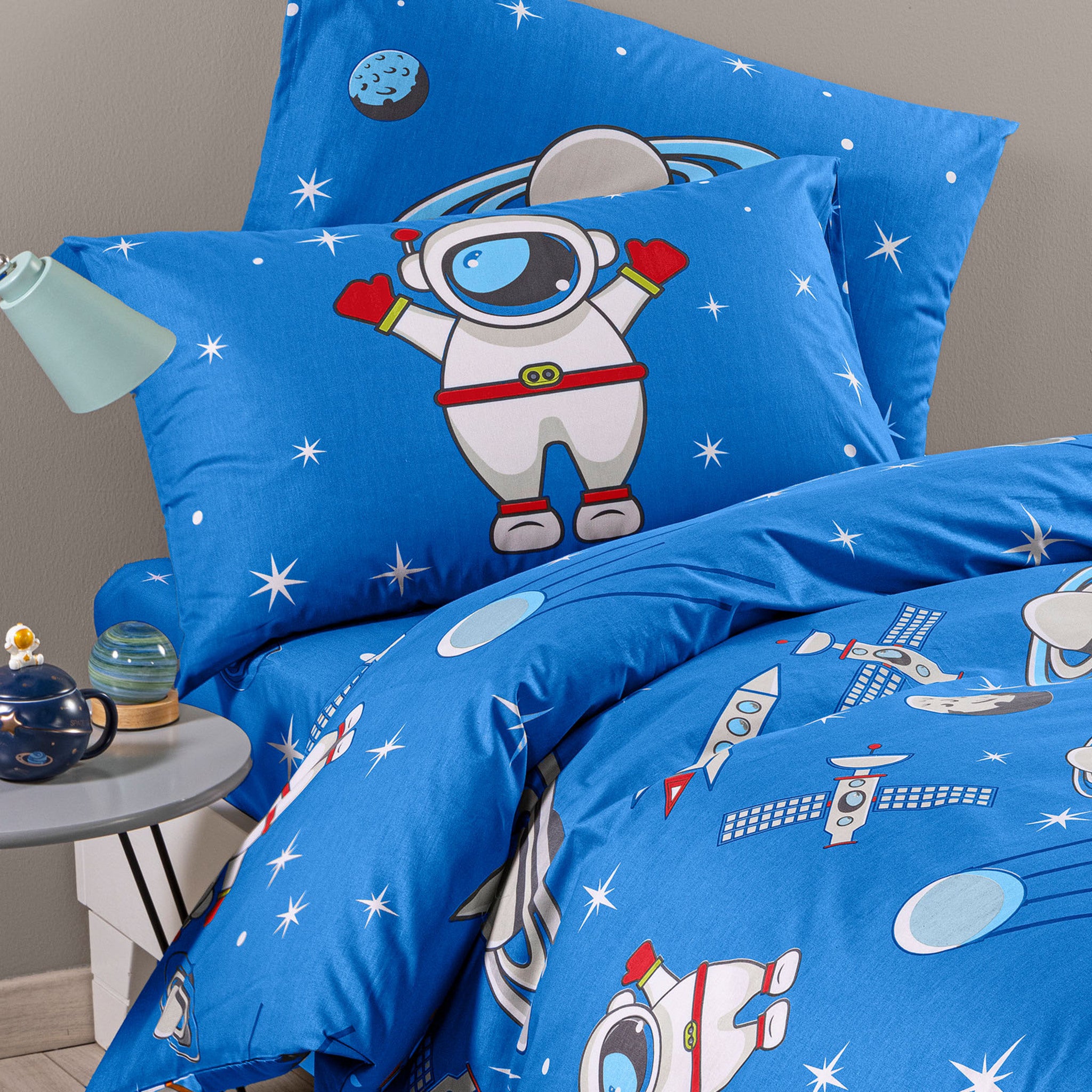 Completo letto singolo Caleffi Spazio Blu con federa double face e sacco copripiumino