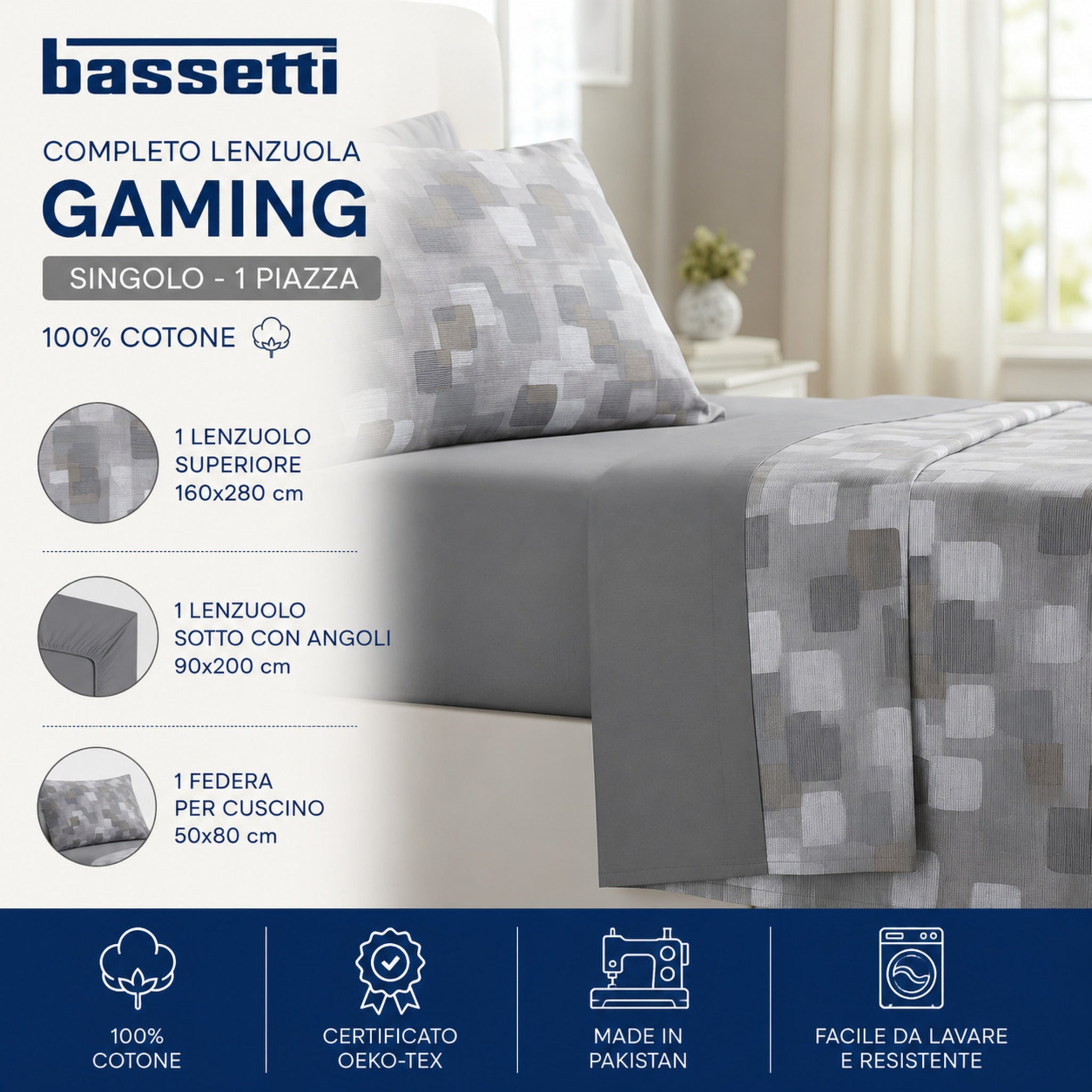 completo letto singolo 100 cotone grigio moderno