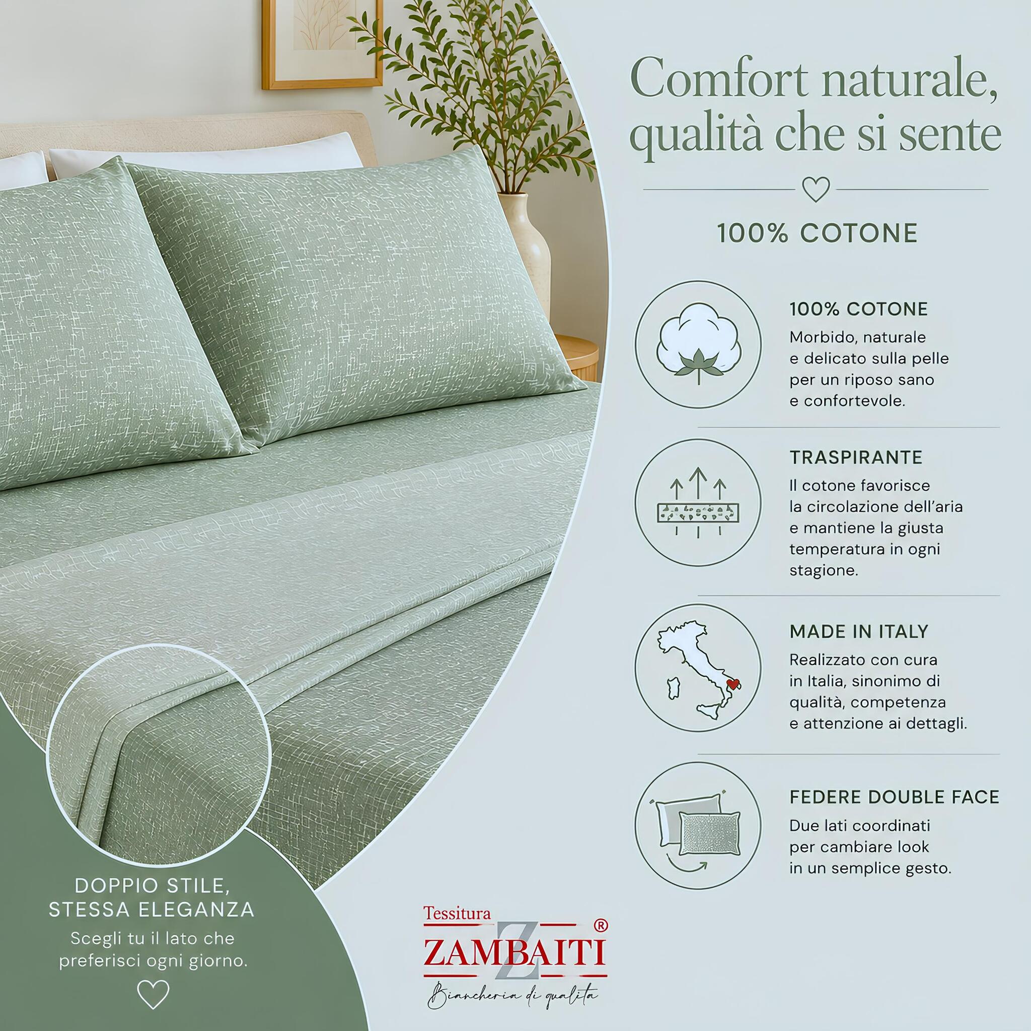 Completo letto una piazza e mezza Zambaiti Climp in puro cotone traspirante oliva