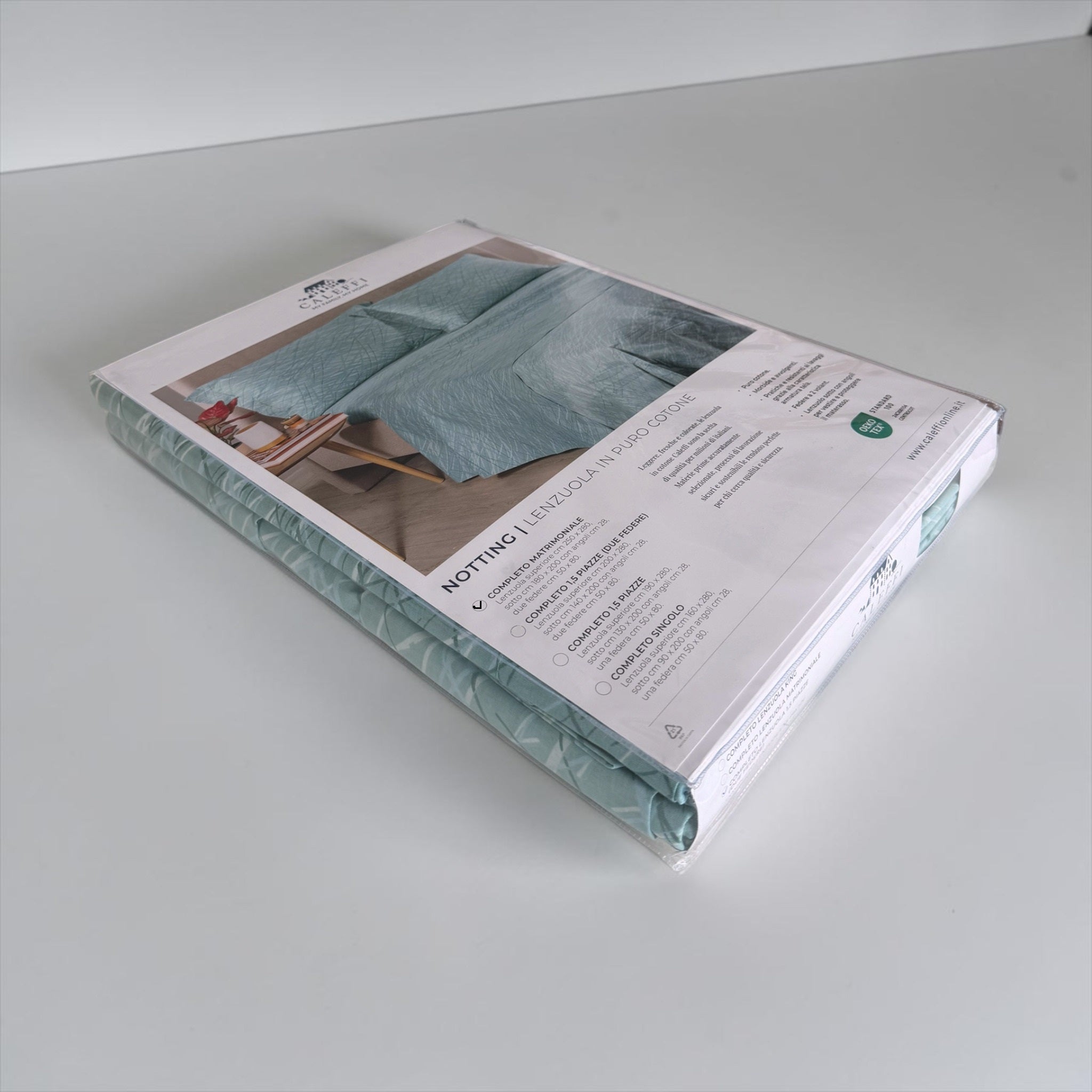 Confezione originale del completo lenzuola matrimoniale Caleffi Notting colore anice