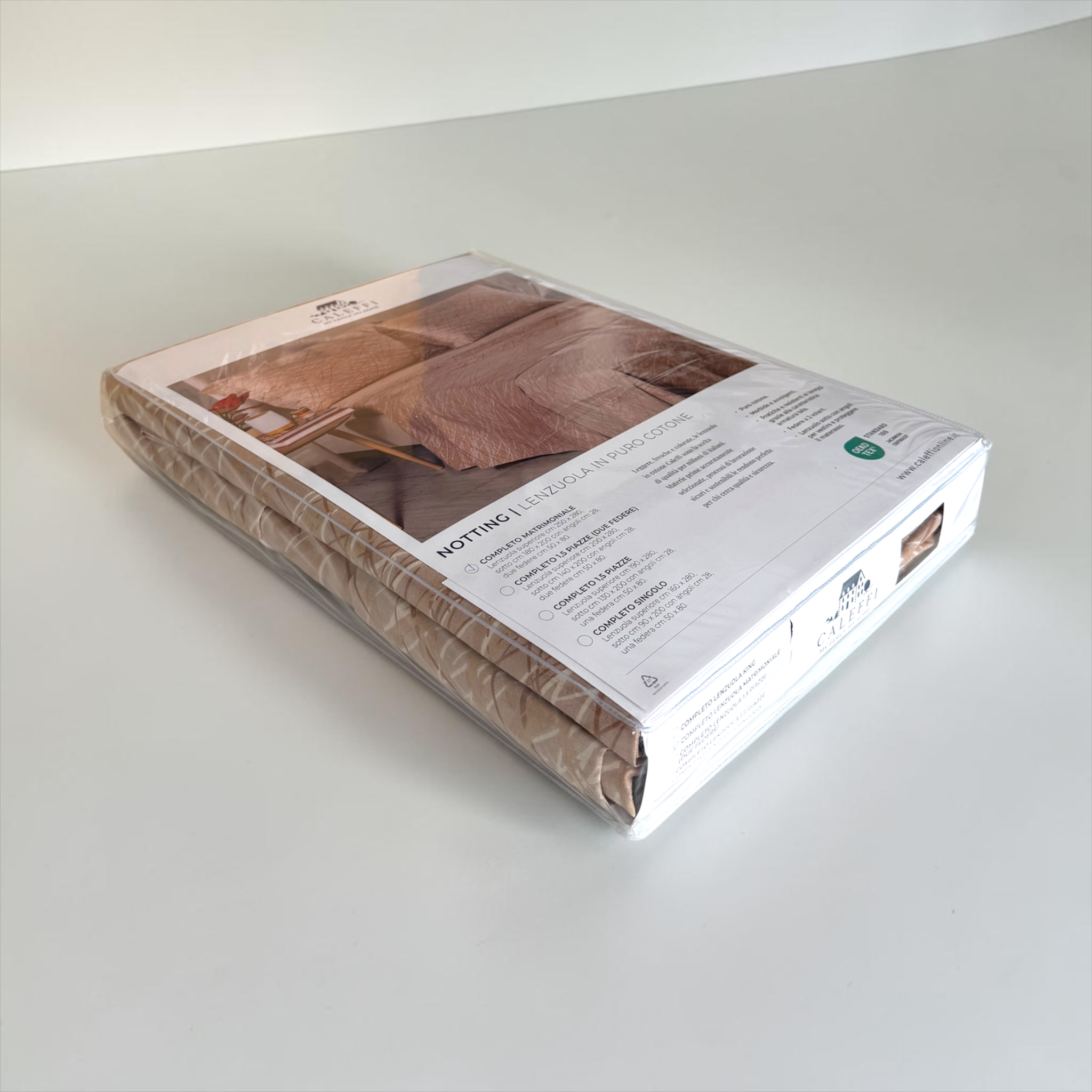 Confezione originale del completo lenzuola matrimoniale Caleffi Notting colore biscotto