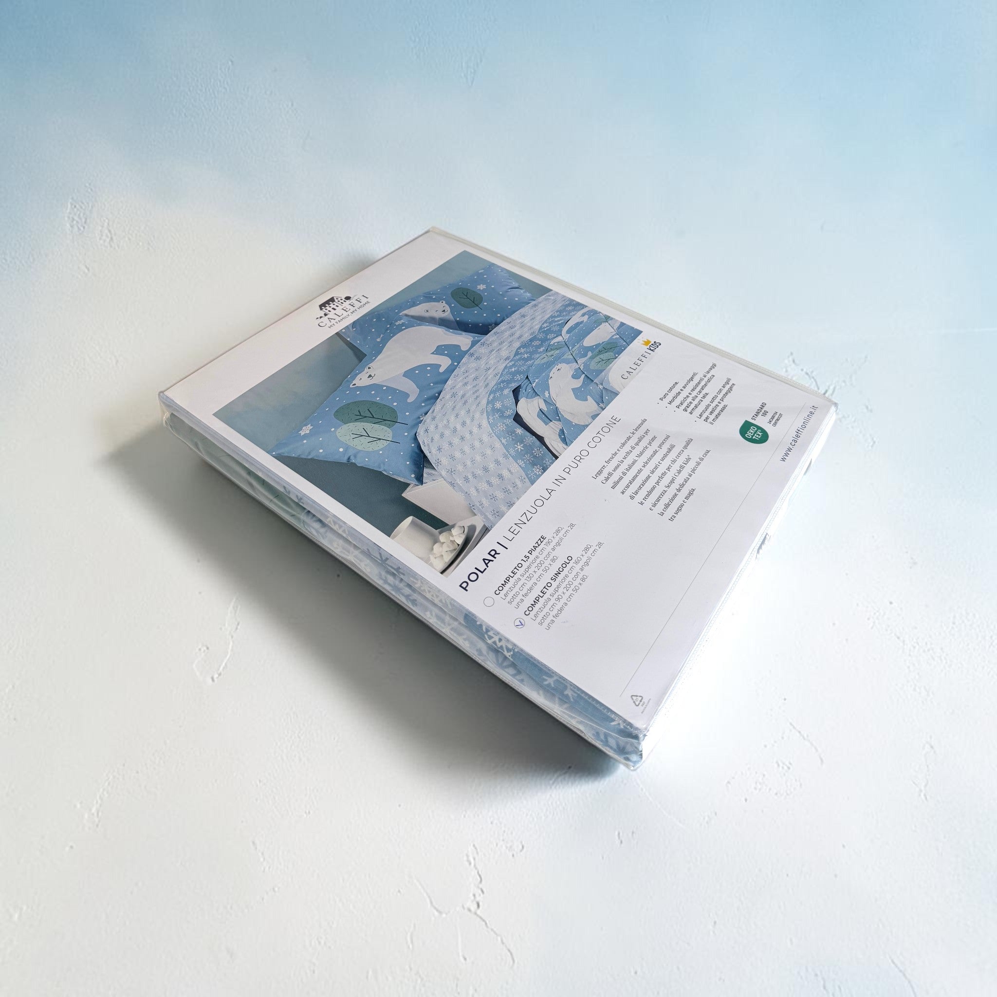 Confezione originale del completo lenzuola singolo Caleffi Polar 100% cotone azzurro