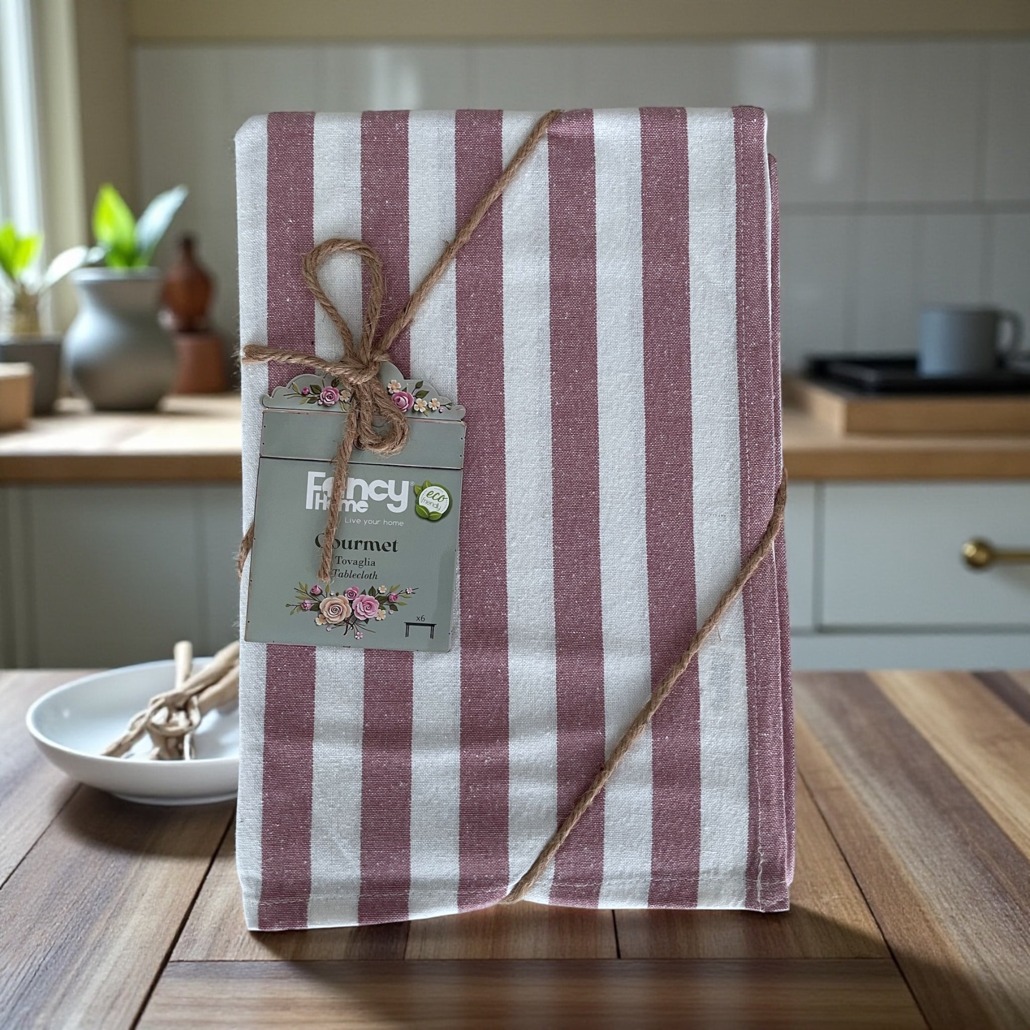 Confezione tovaglia Gourmet Fancy Home colore malva a righe bicolore