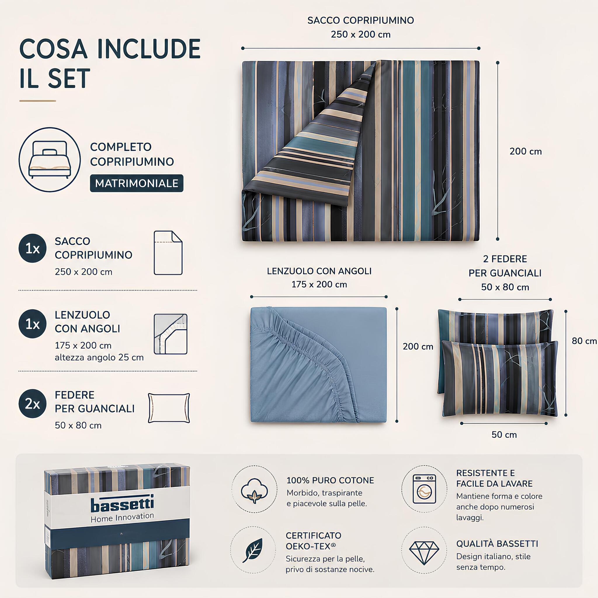 Contenuto del completo copripiumino matrimoniale Bassetti Grove blu con sacco, lenzuolo con angoli e due federe