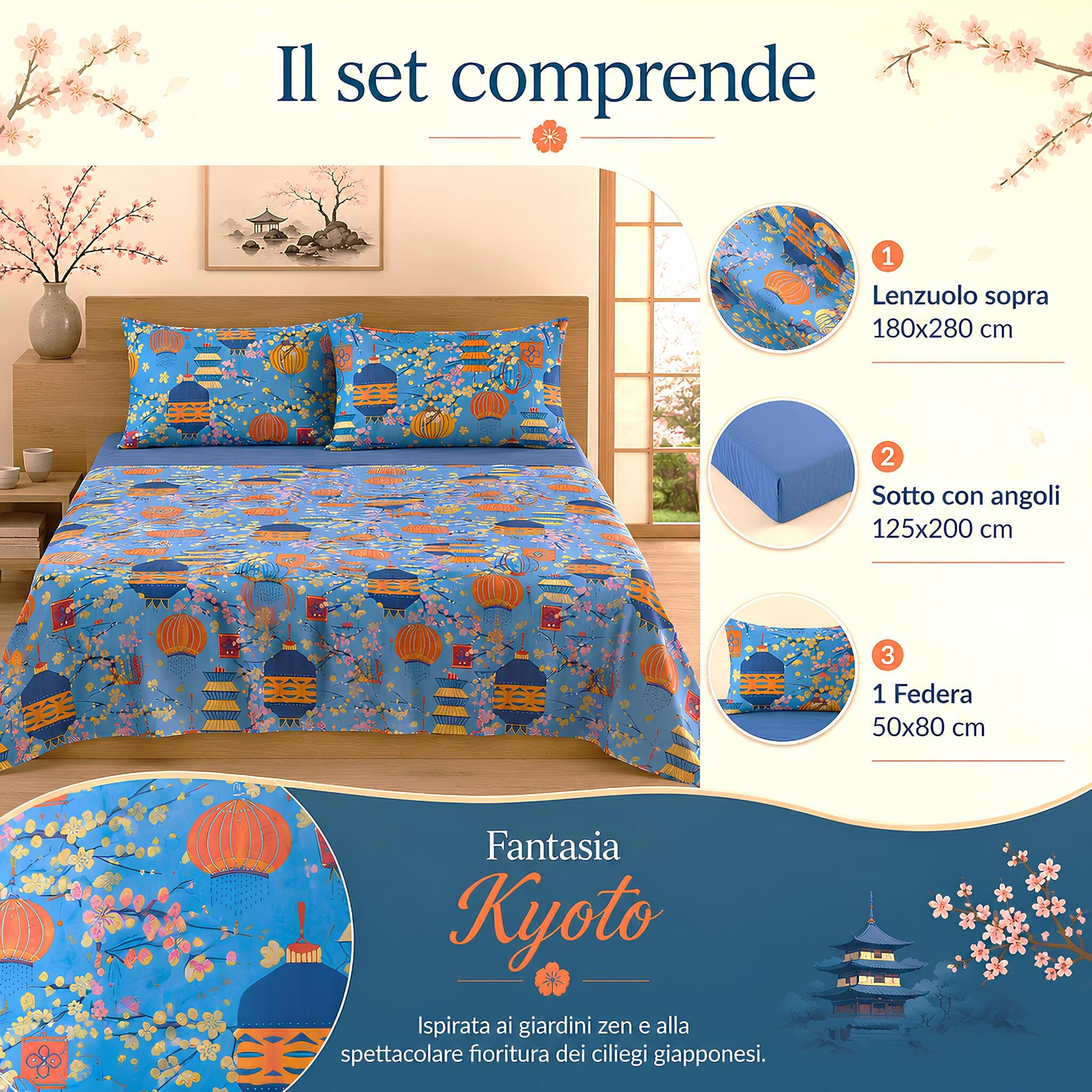 Set completo lenzuola Bassetti Kyoto una piazza e mezza con lenzuolo sopra, sotto con angoli e federa.