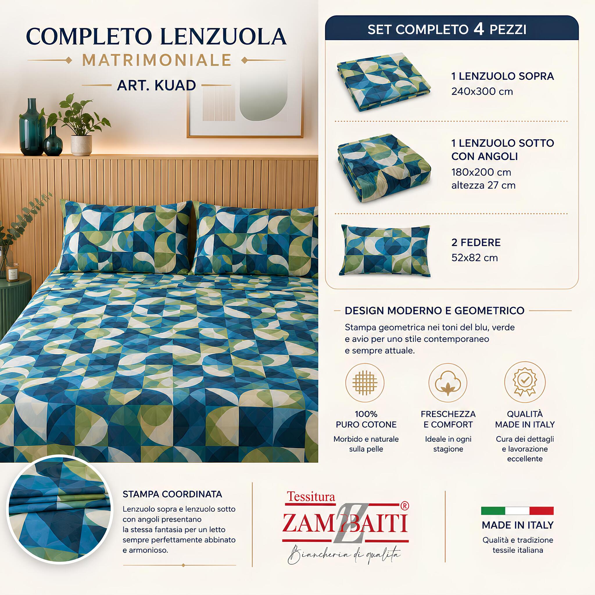 Set completo lenzuola matrimoniale Zambaiti Kuad composto da lenzuolo sopra, sotto con angoli e due federe.
