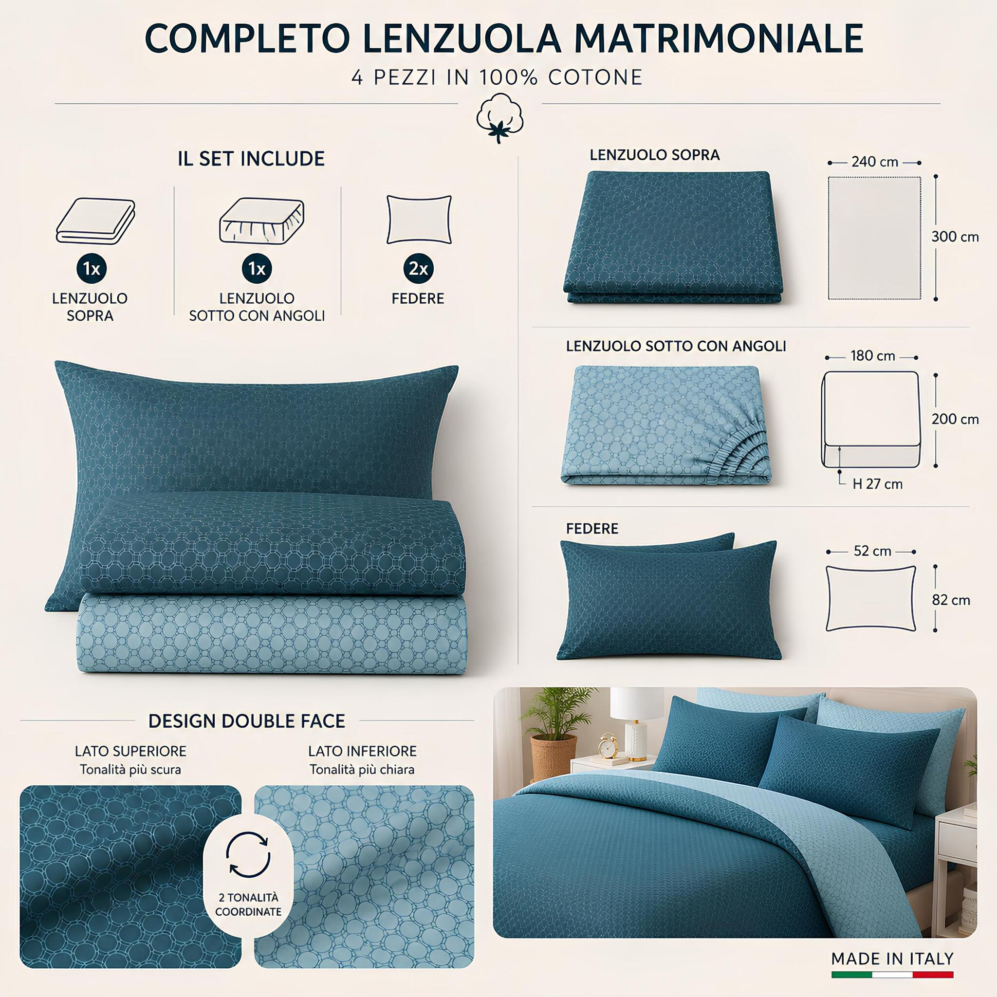 Set completo lenzuola matrimoniale Zambaiti Vity composto da lenzuolo sopra, sotto con angoli e due federe.