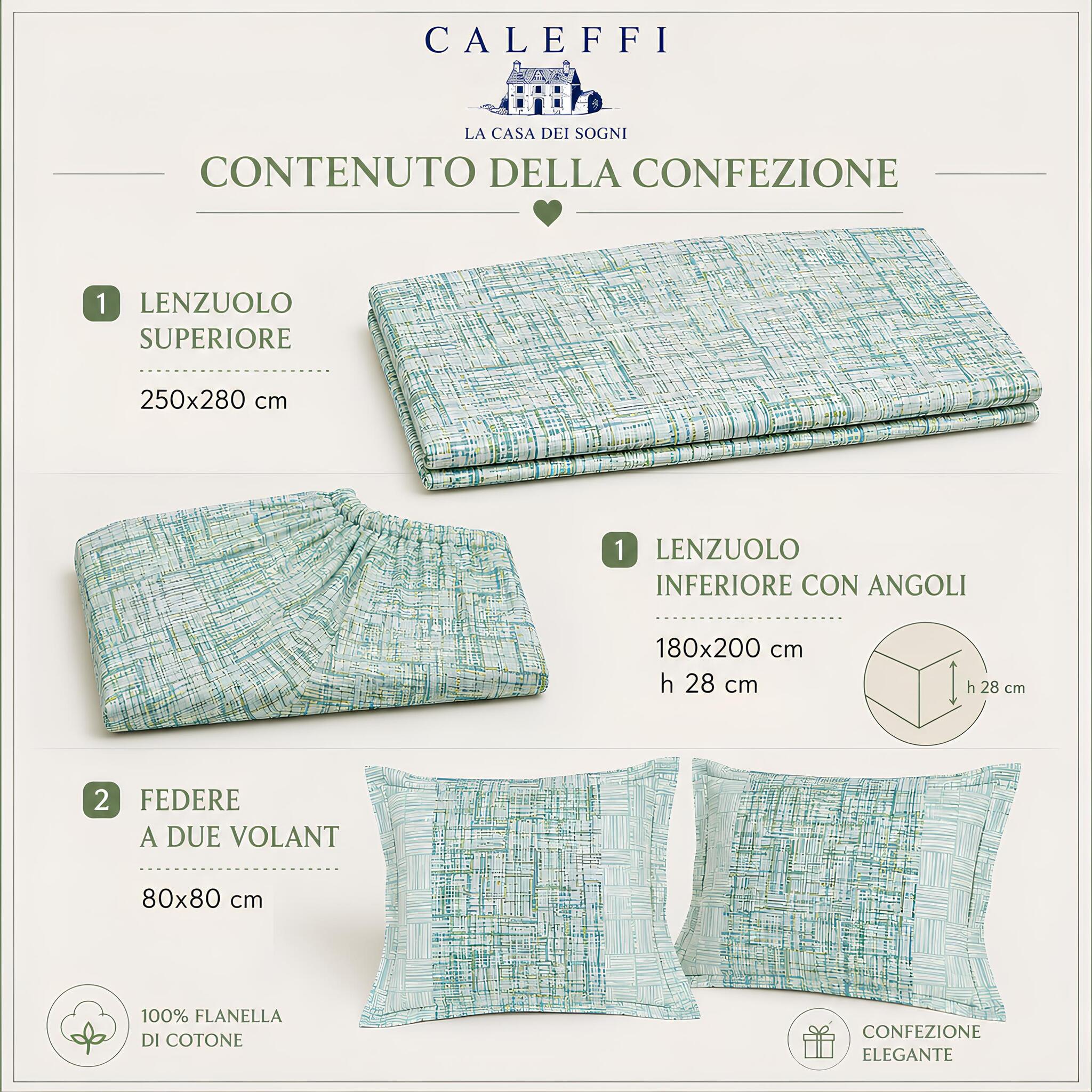 Contenuto della confezione del completo lenzuola matrimoniale Caleffi Atlas Anice
