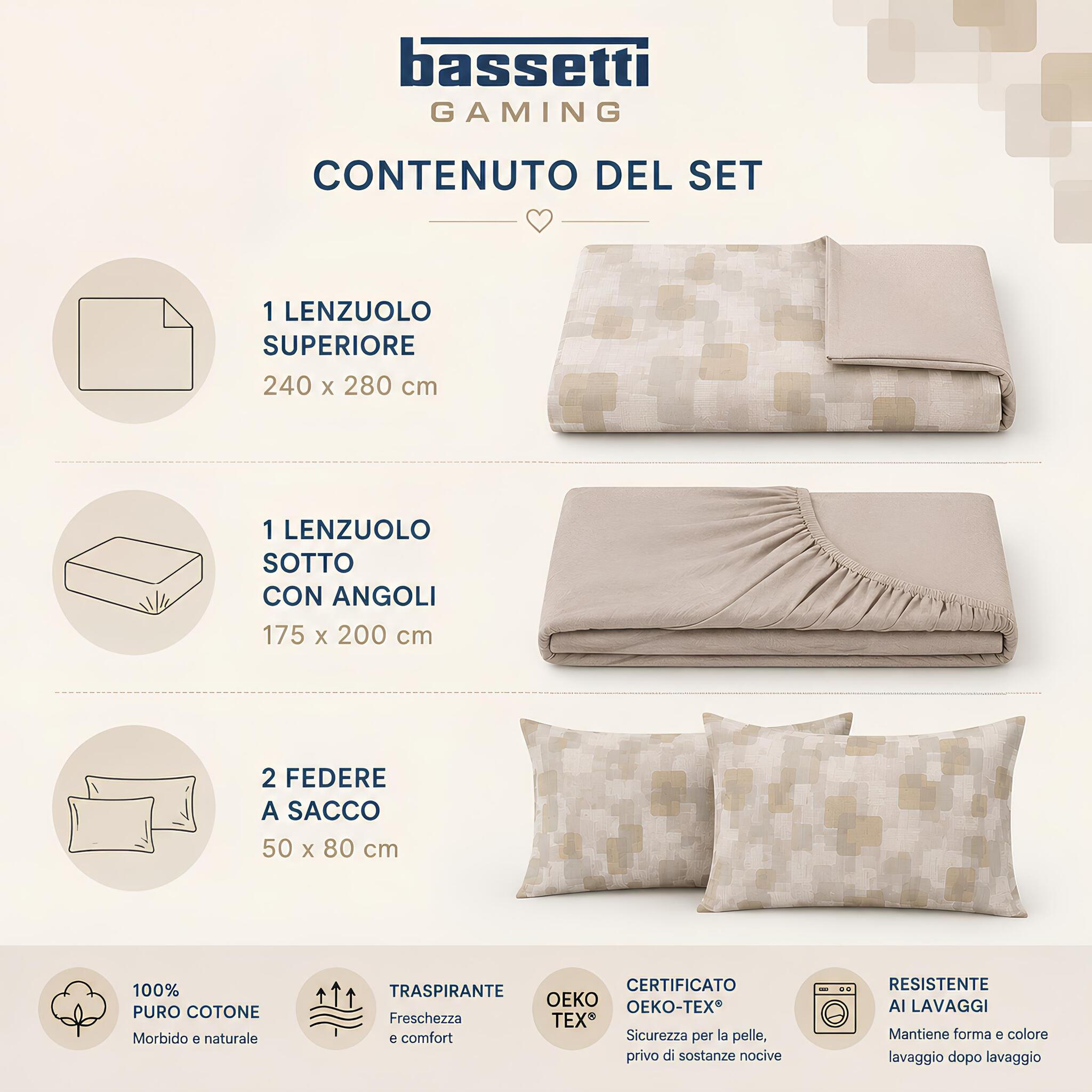 Contenuto completo lenzuola matrimoniale Bassetti Gaming con lenzuolo sopra sotto con angoli e due federe