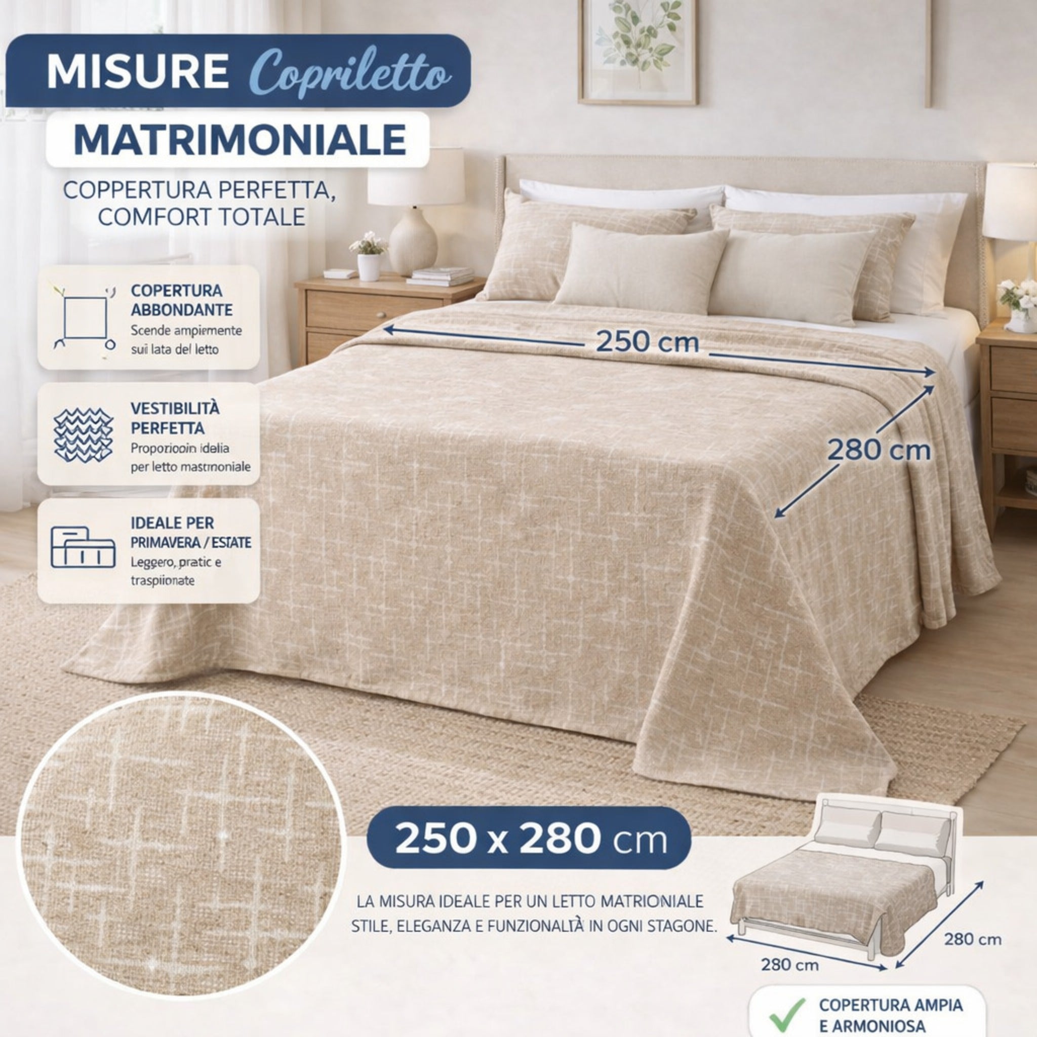 Misure copriletto matrimoniale 250x280 cm
