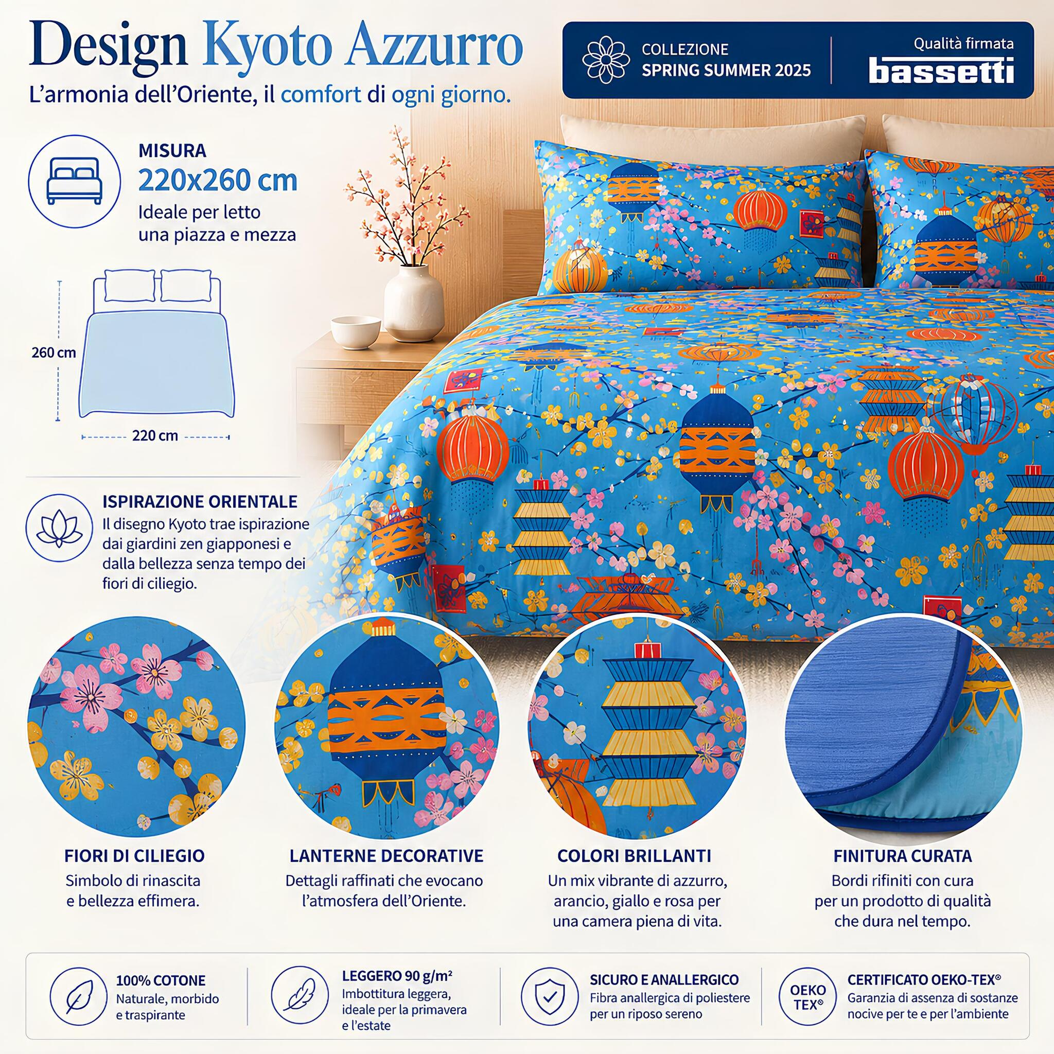 Misure e dettagli del copriletto Bassetti Kyoto Azzurro 220x260 cm con lanterne orientali e fiori di ciliegio