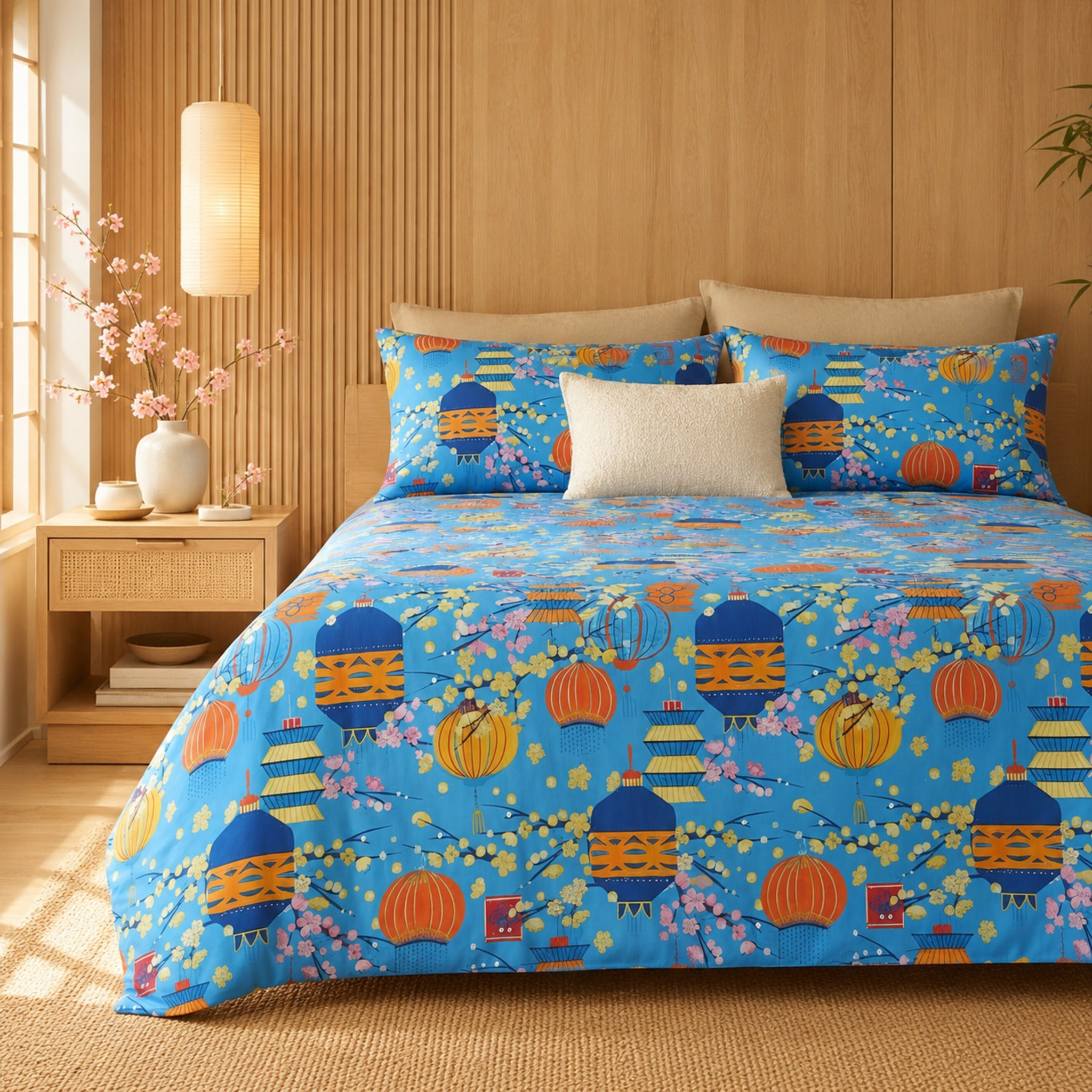 Copriletto trapuntato Bassetti Kyoto Azzurro una piazza e mezza 220x260 cm in cotone con fantasia orientale e fiori di ciliegio