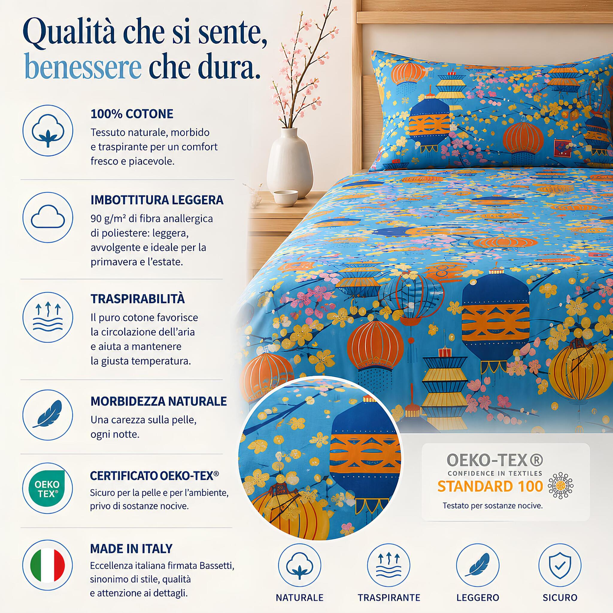 Caratteristiche del copriletto Bassetti Kyoto Azzurro in puro cotone certificato OEKO TEX con imbottitura leggera