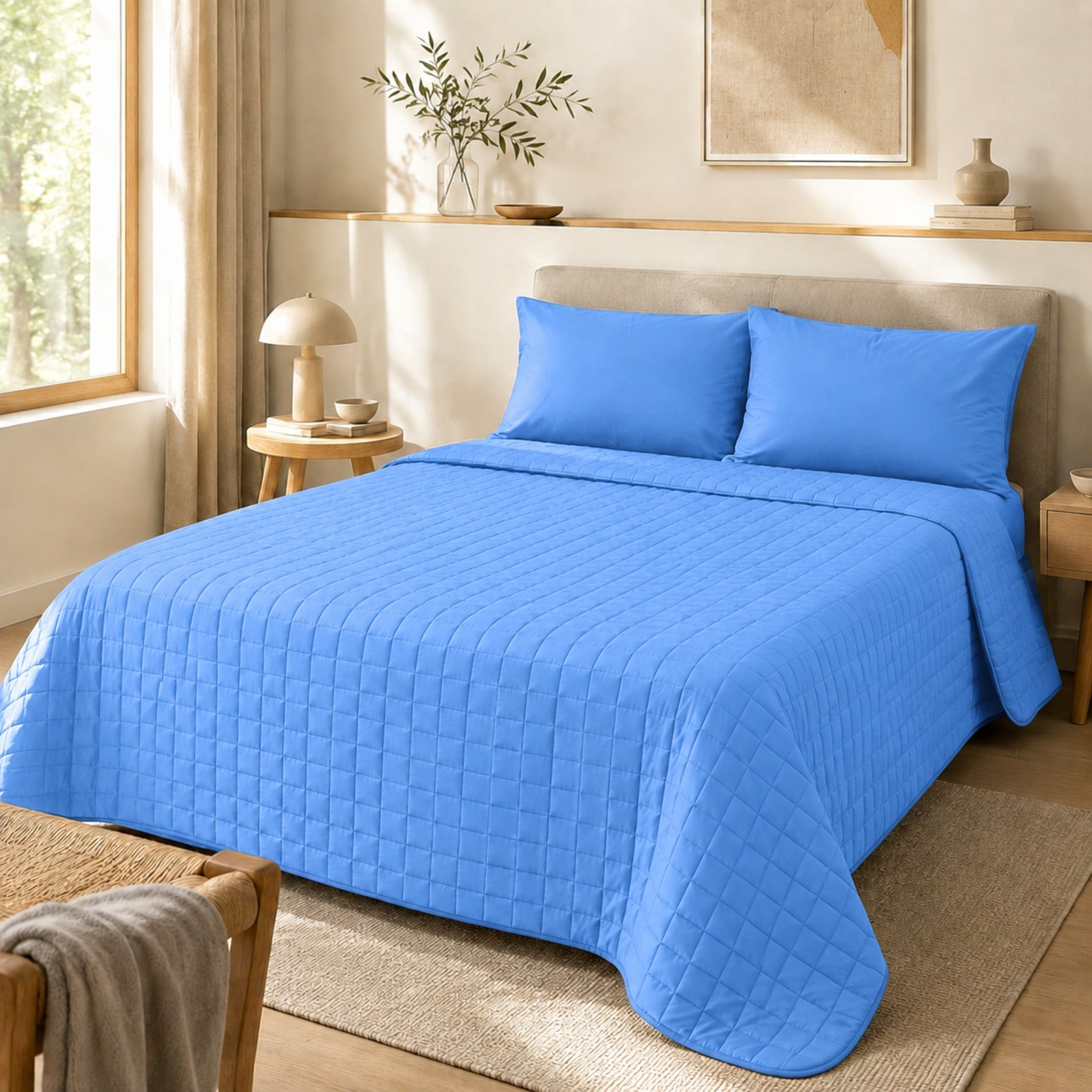 Copriletto trapuntato Bassetti Pop Color Nuvola 220x260 cm su letto da una piazza e mezza