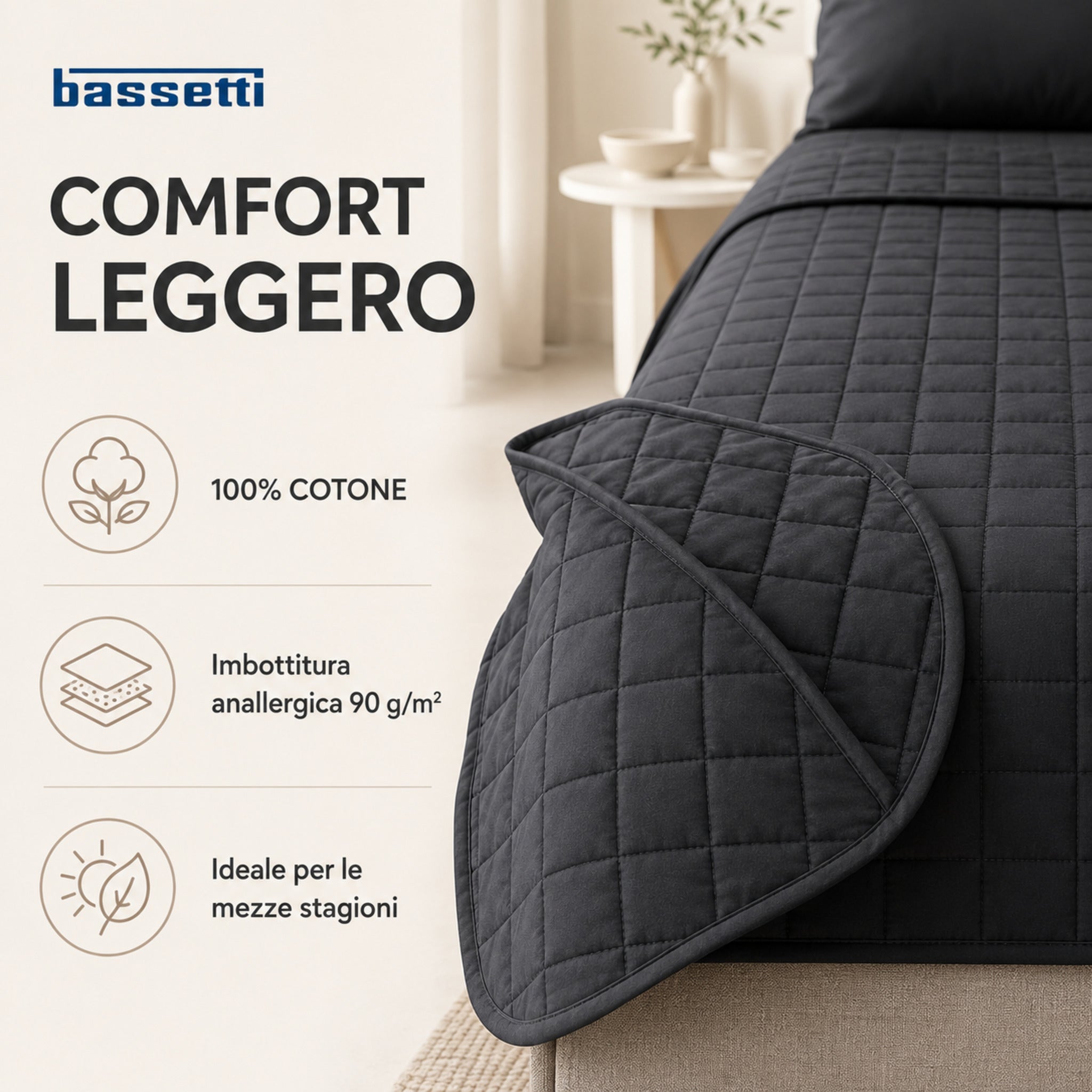 Copriletto Bassetti Pop Color Ardesia in cotone con imbottitura anallergica da 90 g/m²