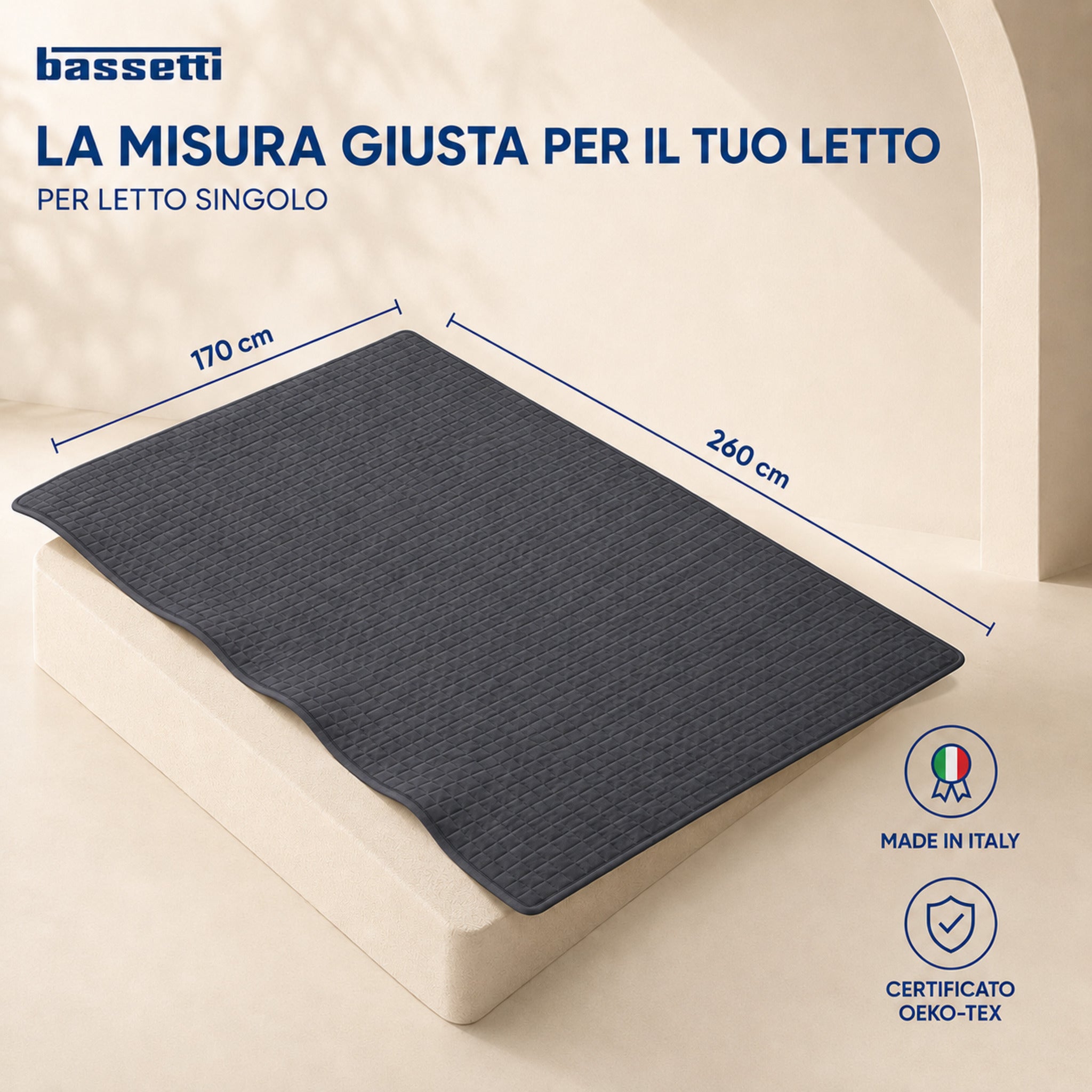 Misure 170x260 cm del copriletto Bassetti Pop Color Ardesia certificato OEKO-TEX