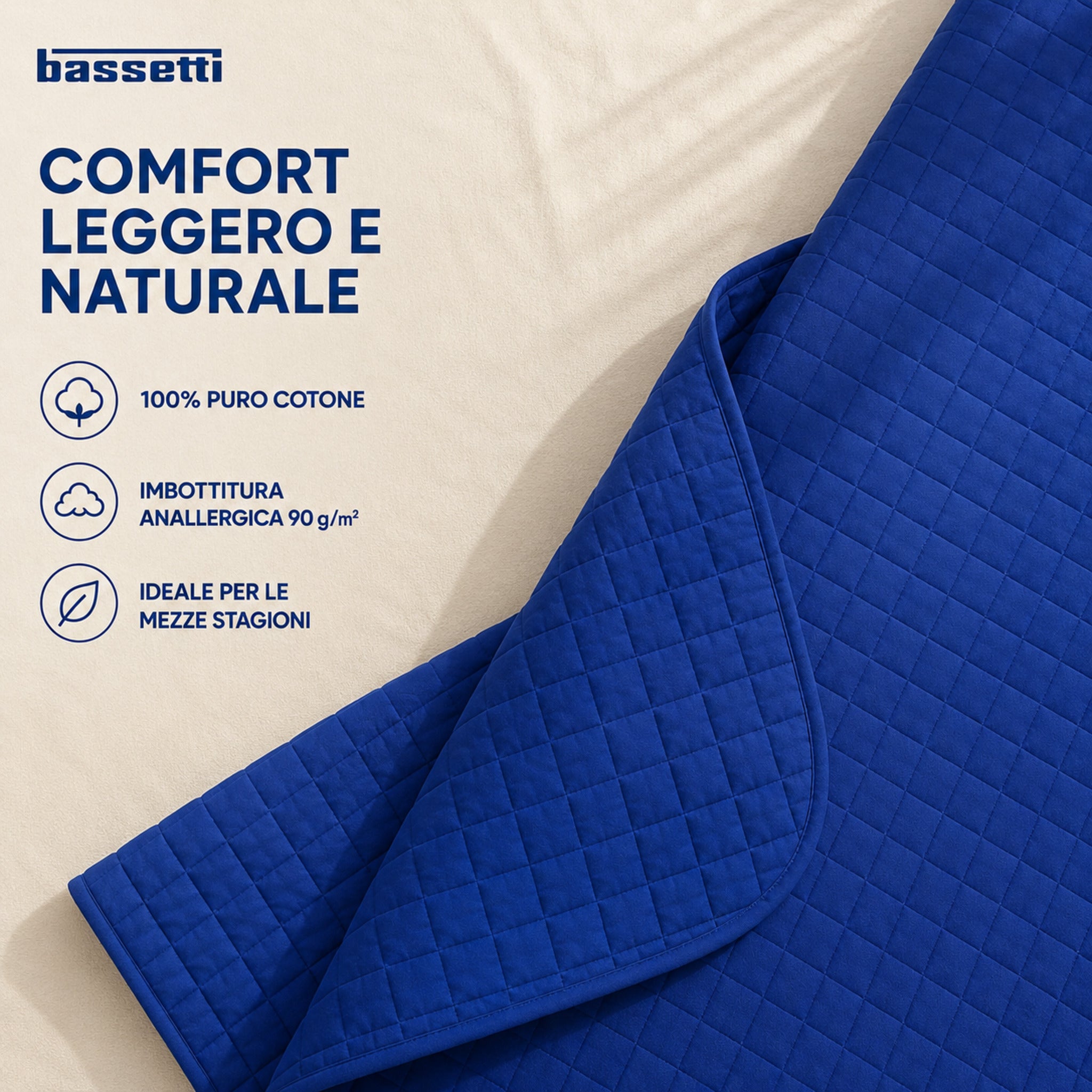 Copriletto Bassetti Pop Color Oltremare in cotone con imbottitura anallergica da 90 g/m²