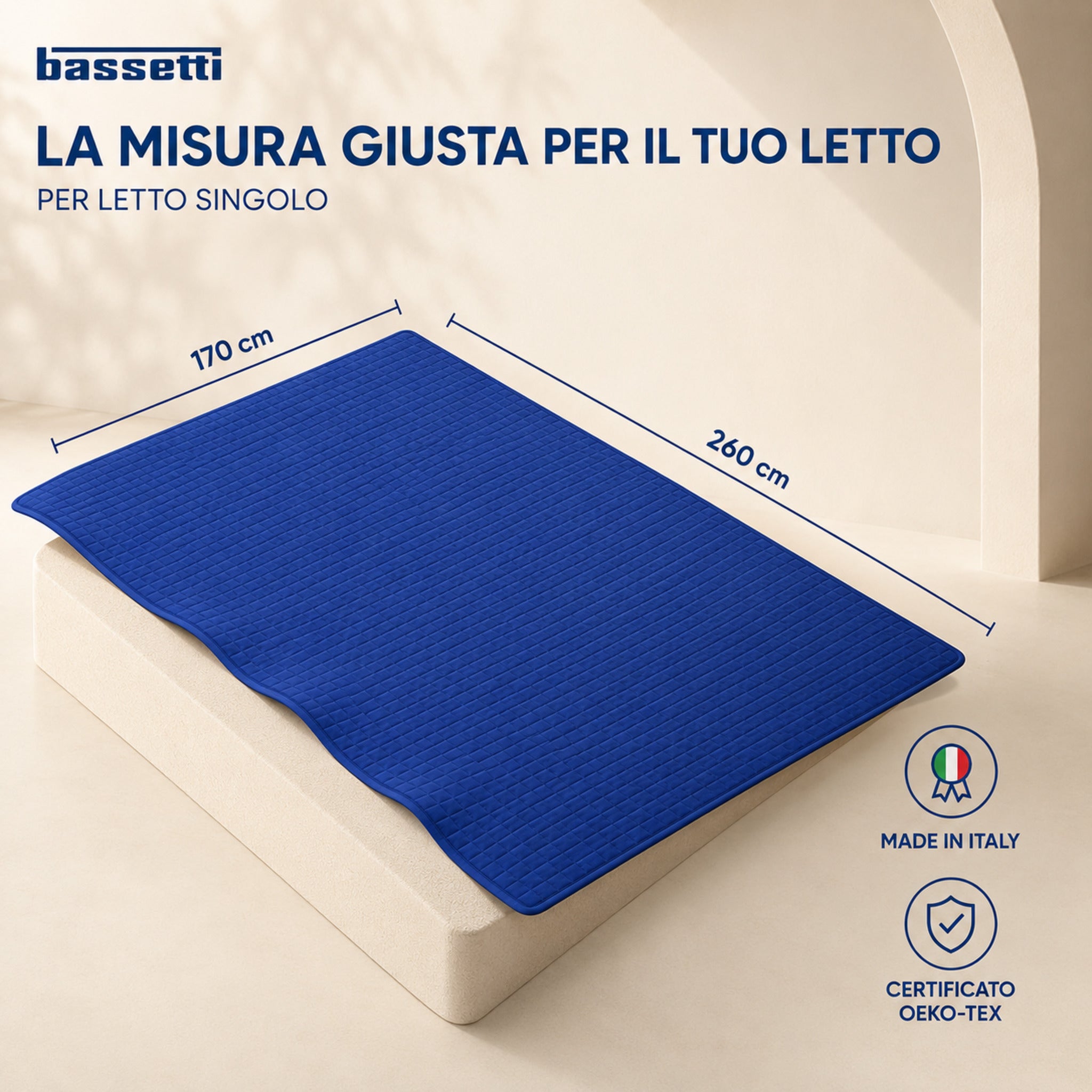 Misure 170x260 cm del copriletto Bassetti Pop Color Oltremare per letto singolo