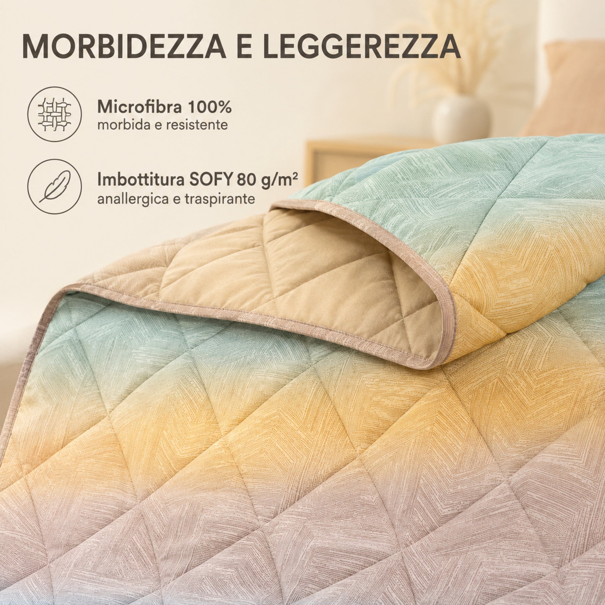 Dettaglio del copriletto Caleffi Atlantis in microfibra con imbottitura SOFY da 80 g/m²