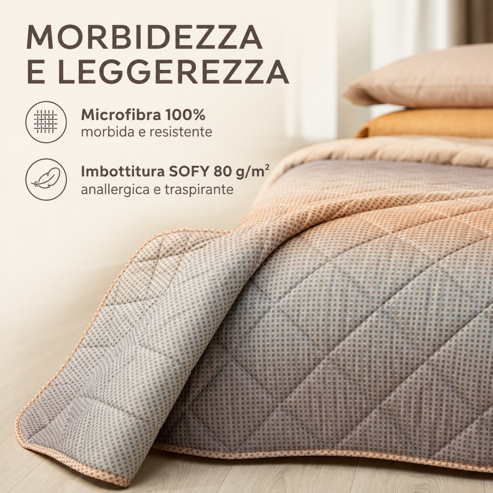 Dettaglio del copriletto Caleffi Larry in microfibra con imbottitura SOFY da 80 g/m²