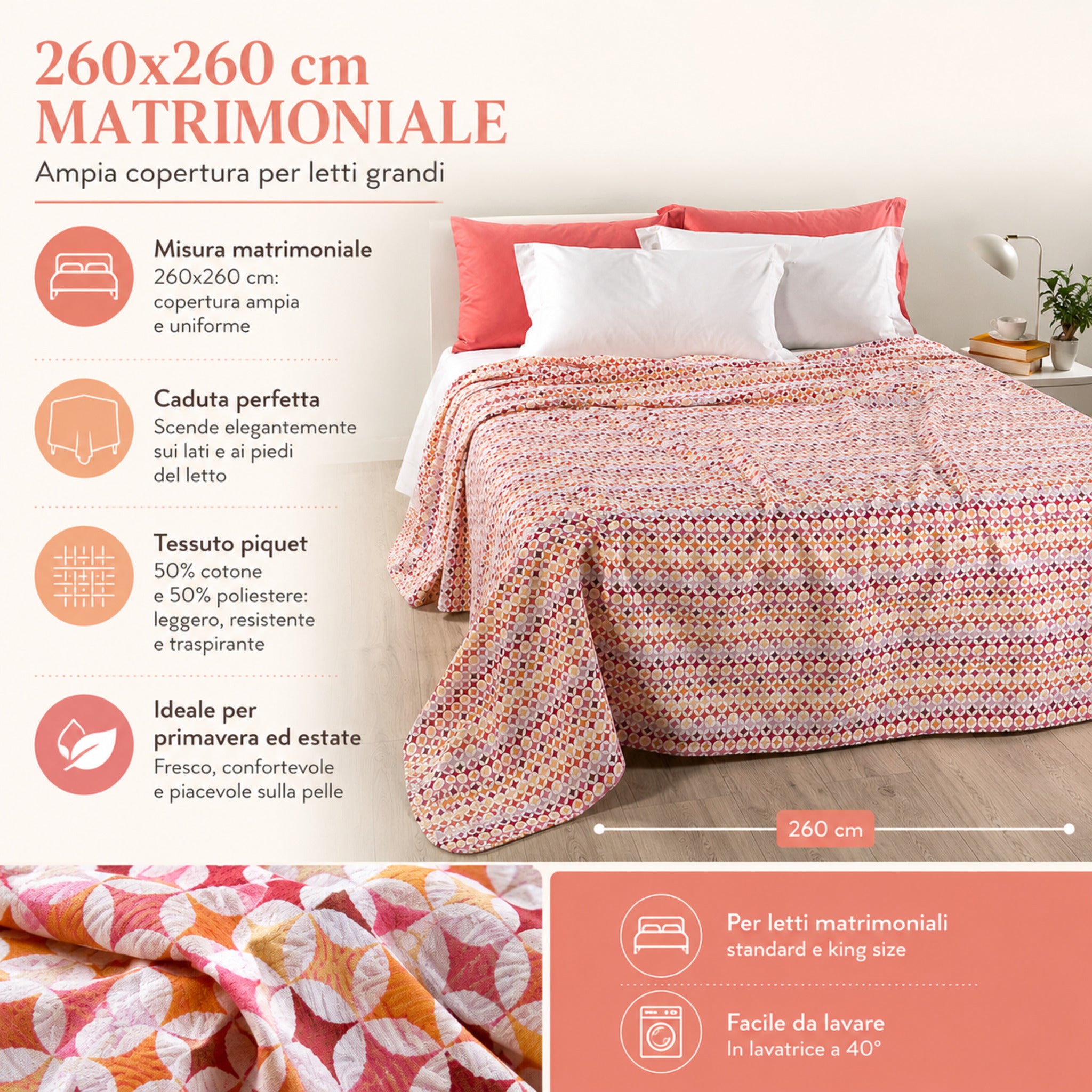 Misure copriletto matrimoniale Caleffi Optical Art 260x260 centimetri