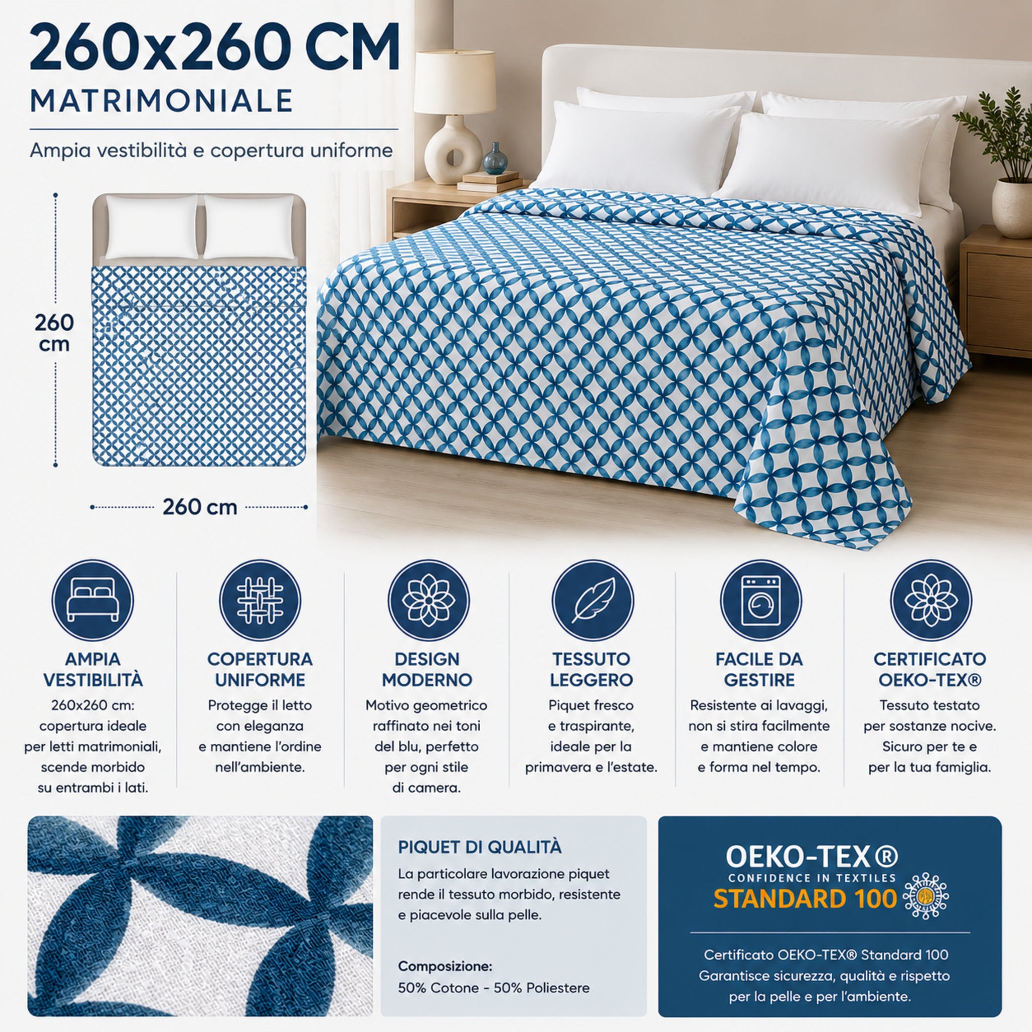 Misure copriletto matrimoniale Caleffi Phoenix 260x260 centimetri certificato OEKO TEX blu