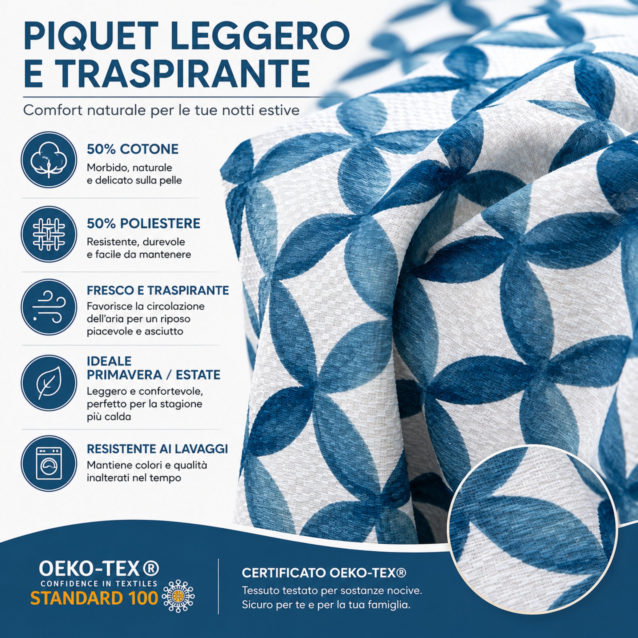Dettaglio tessuto piquet leggero del copriletto matrimoniale Caleffi Phoenix OEKO TEX blu