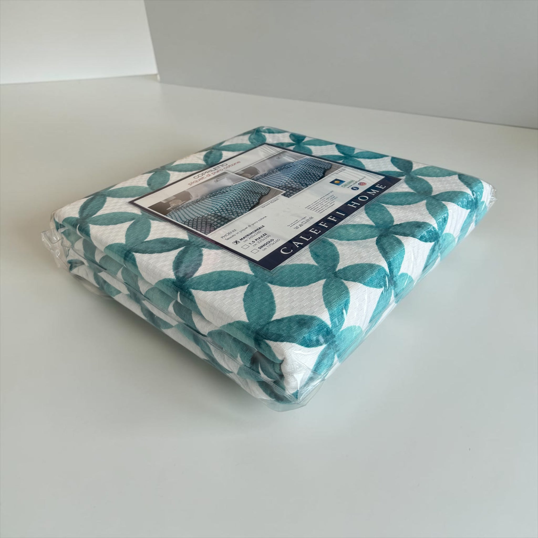 Confezione originale copriletto matrimoniale Caleffi Phoenix colore acqua