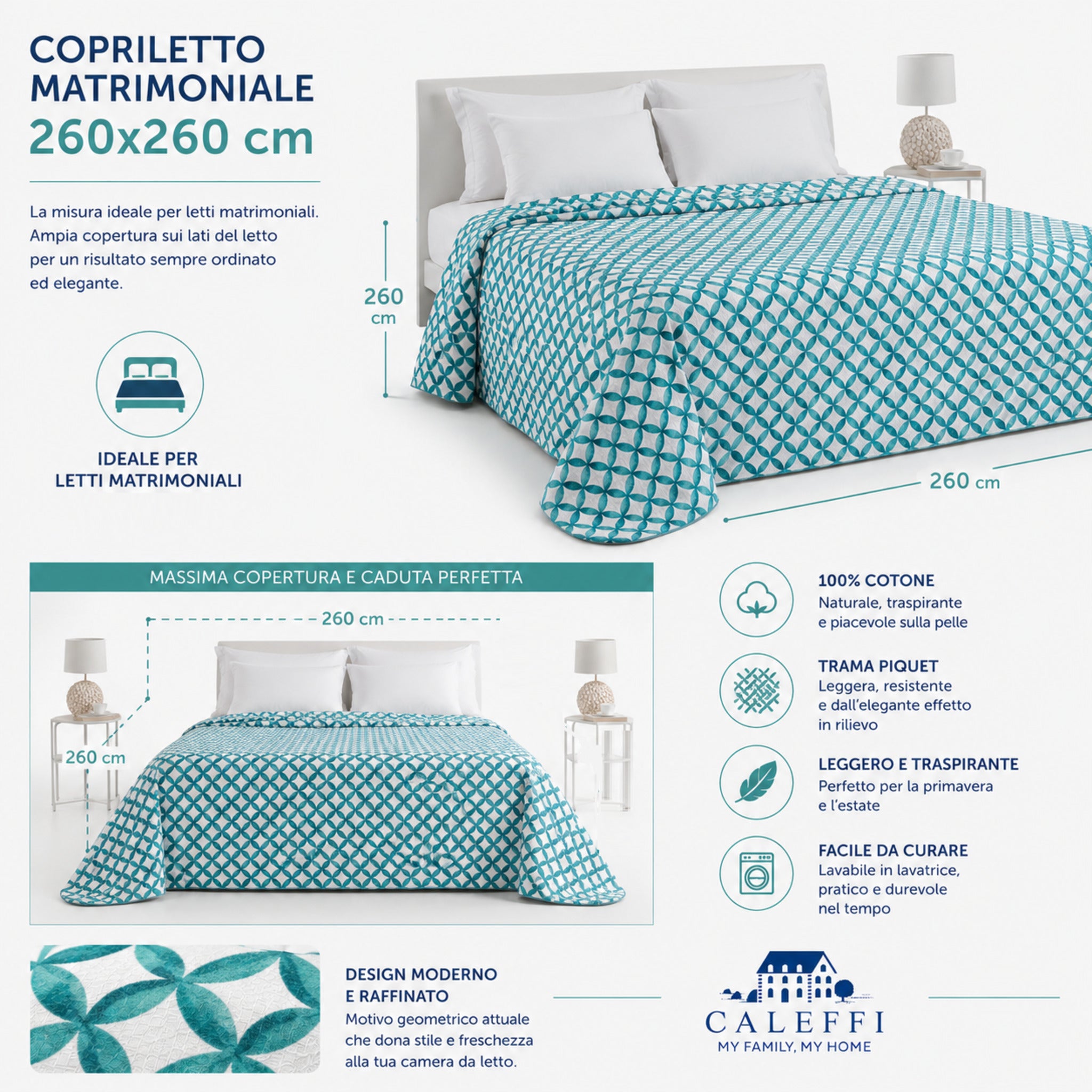 Misure copriletto matrimoniale Caleffi Phoenix 260x260 centimetri colore acqua