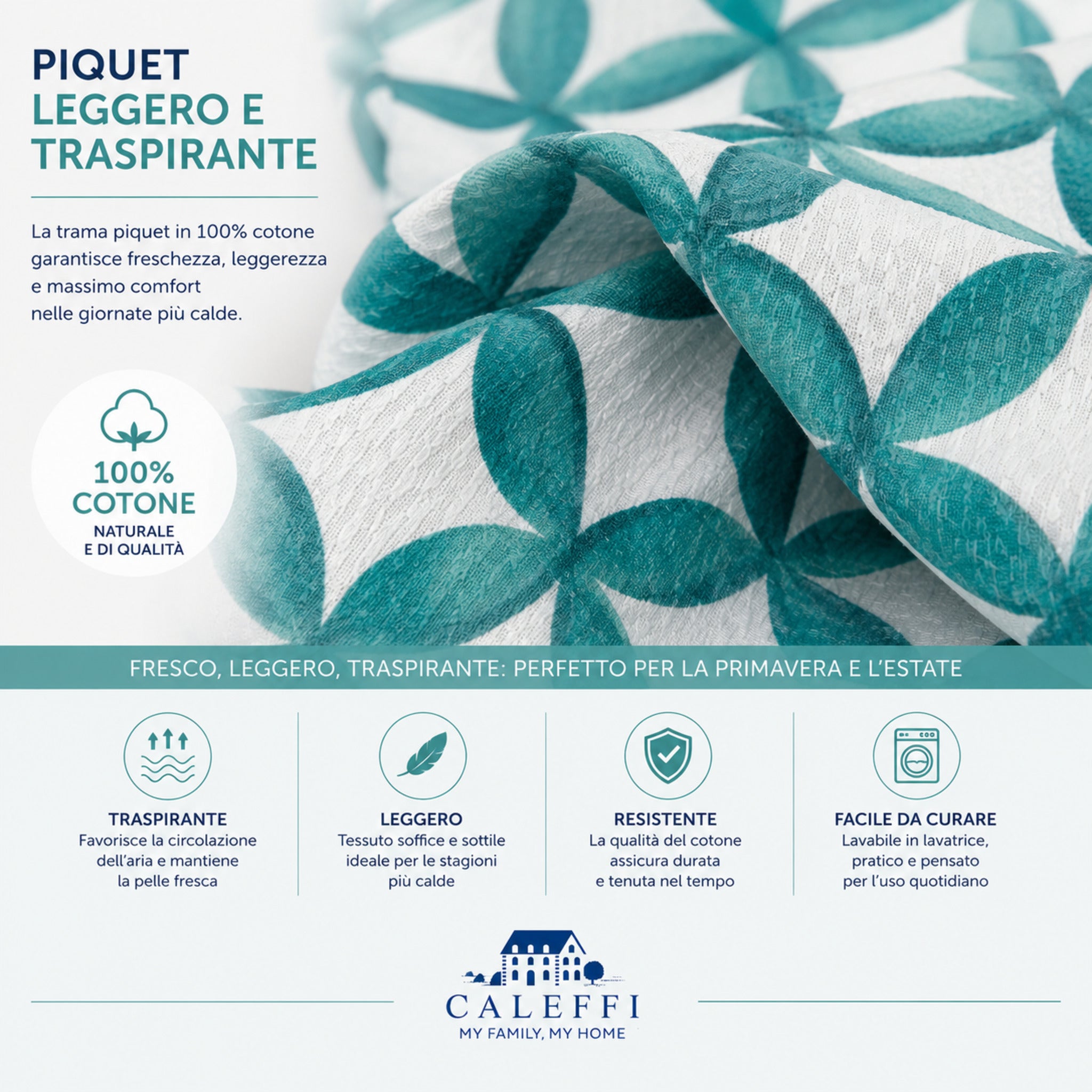Dettaglio tessuto piquet 100 cotone del copriletto matrimoniale Caleffi Phoenix colore acqua