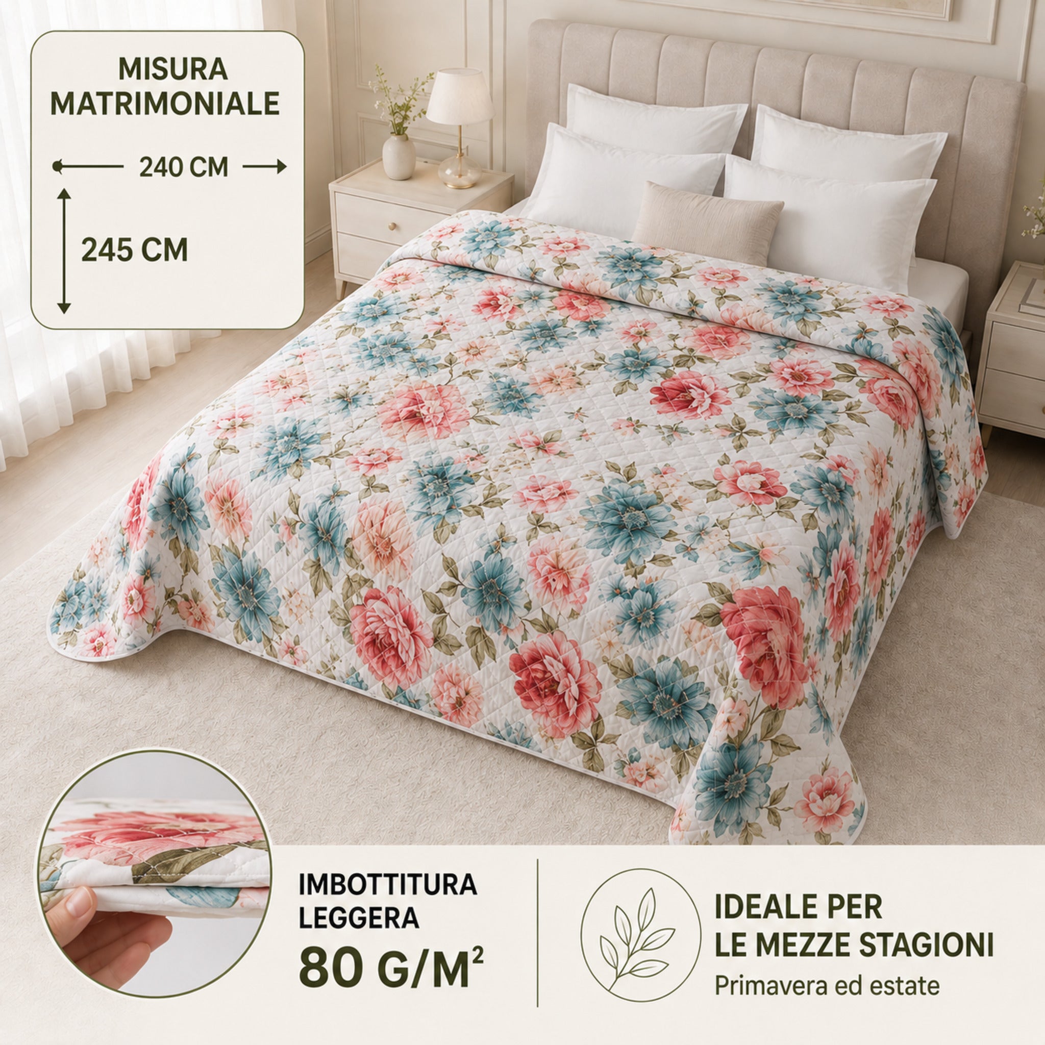 Copriletto Callas 1 misura matrimoniale 240x245 cm con imbottitura da 80 g/m²