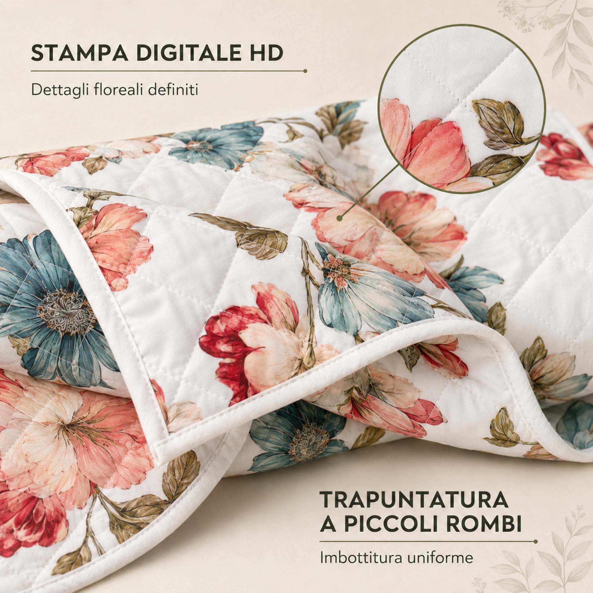 Stampa floreale digitale HD e trapuntatura a piccoli rombi del copriletto Callas 1