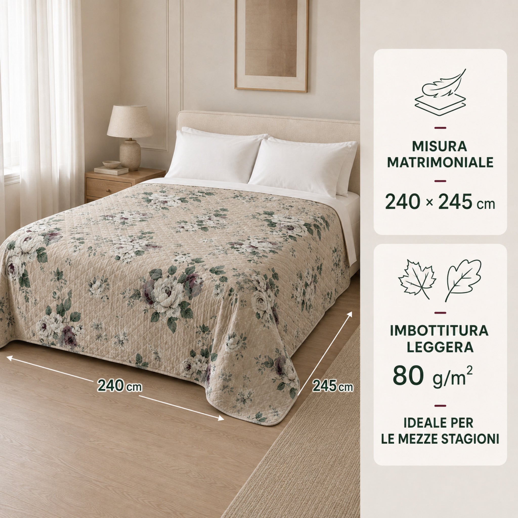 Copriletto Callas 2 beige matrimoniale 240x245 cm con imbottitura leggera da 80 g/m²