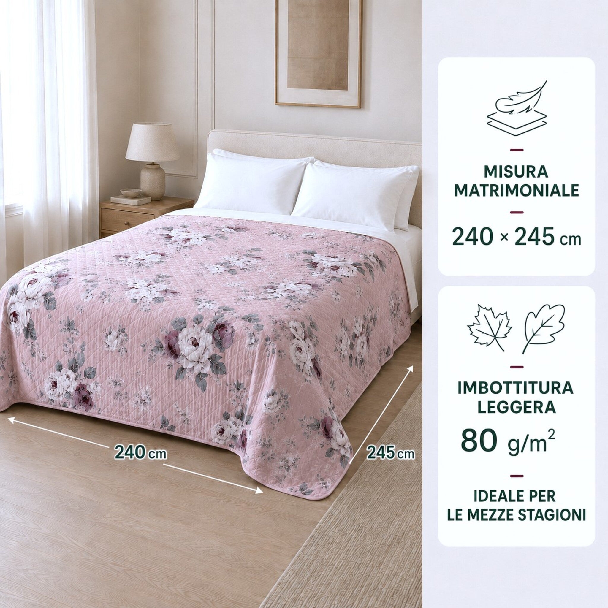 Copriletto Callas 2 rosa matrimoniale 240x245 cm con imbottitura da 80 g/m²