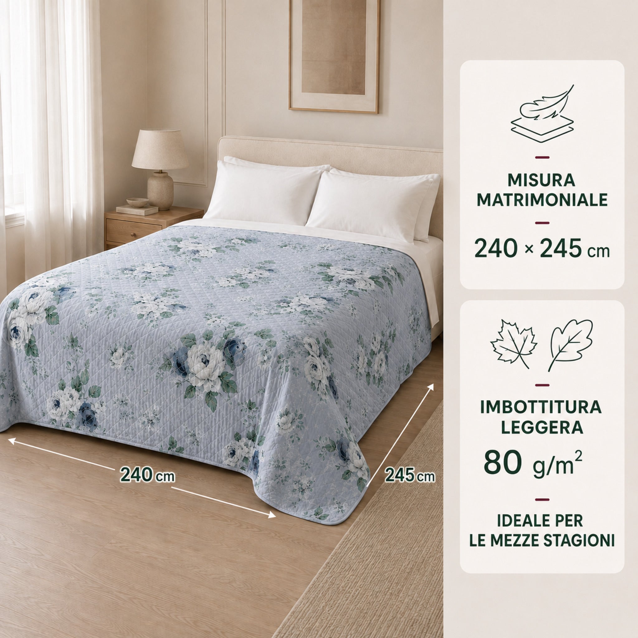 Copriletto Callas 2 zucchero matrimoniale 240x245 cm con imbottitura leggera da 80 g/m²