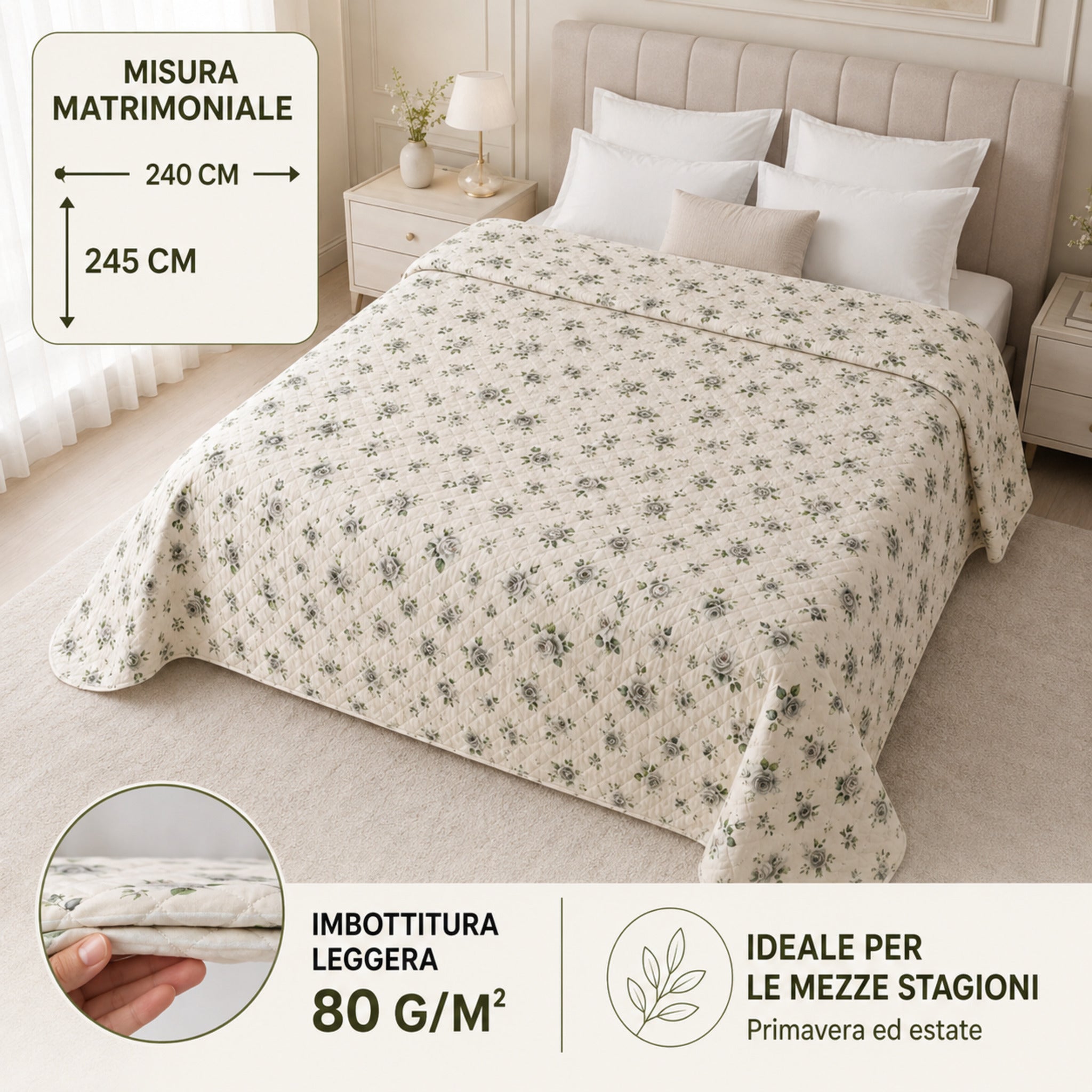 Copriletto Callas 3 Beige misura matrimoniale 240x245 cm con imbottitura da 80 g/m²
