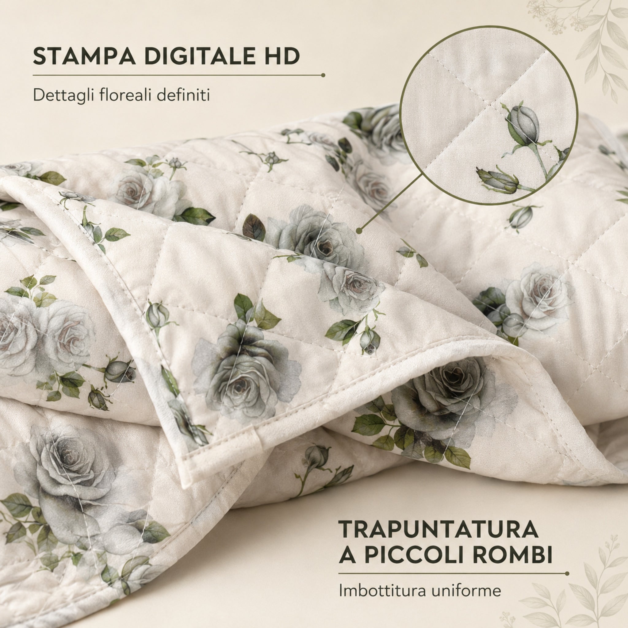 Stampa floreale digitale HD e trapuntatura a piccoli rombi del copriletto Callas 3 Beige