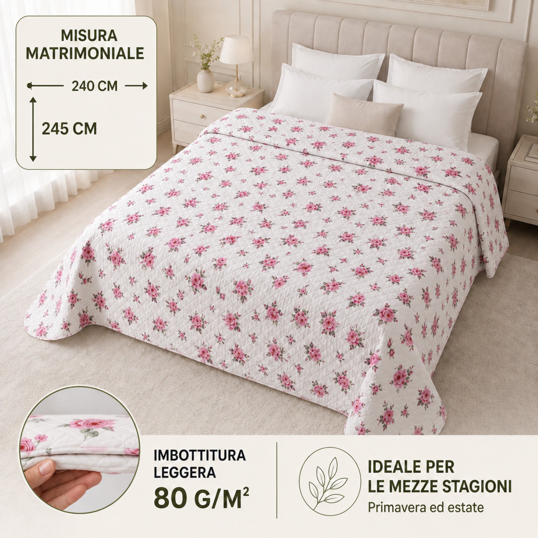 Copriletto Callas 3 Bianco misura matrimoniale 240x245 cm con imbottitura da 80 g/m²