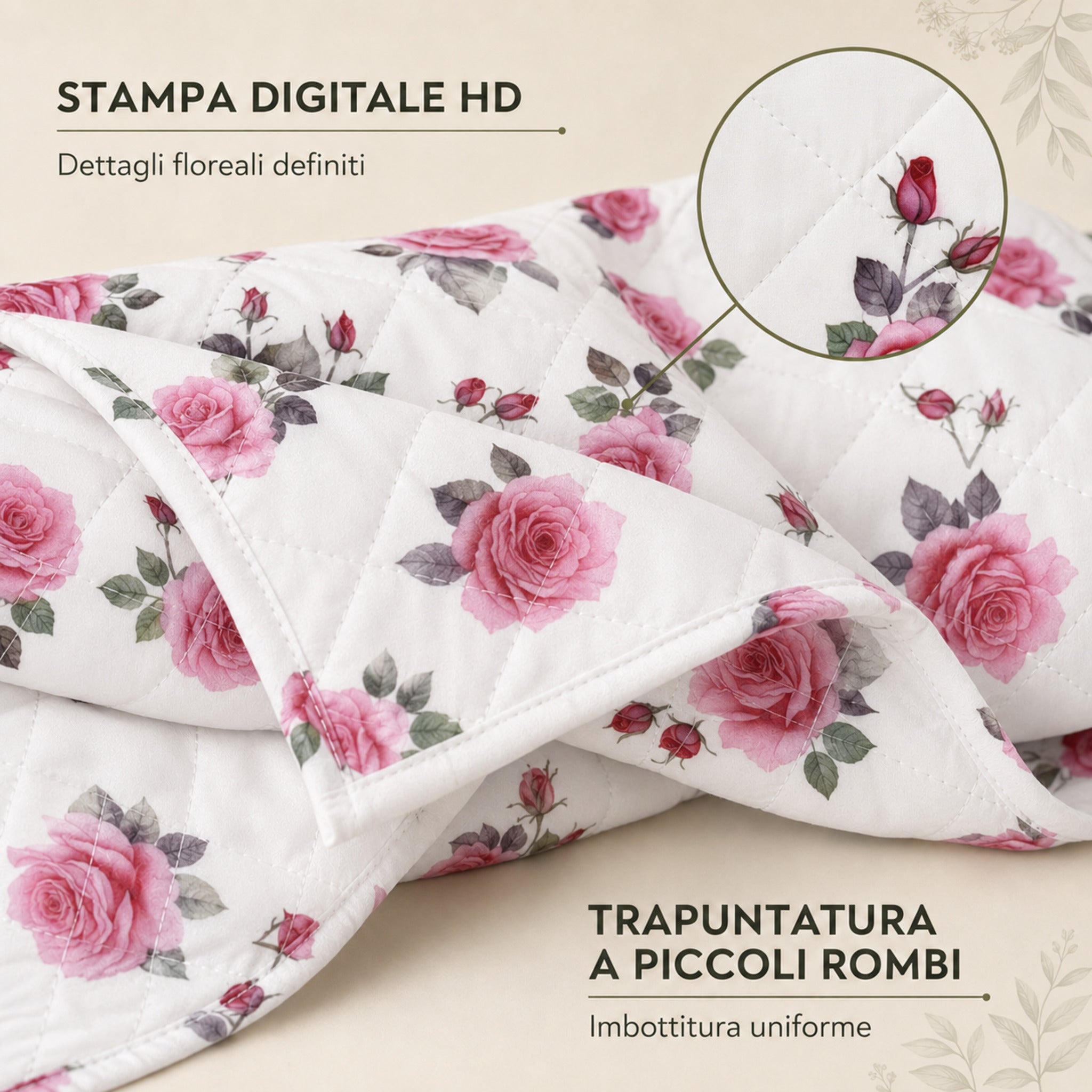 Stampa digitale HD con rose rosa e trapuntatura a rombi del copriletto Callas 3 Bianco