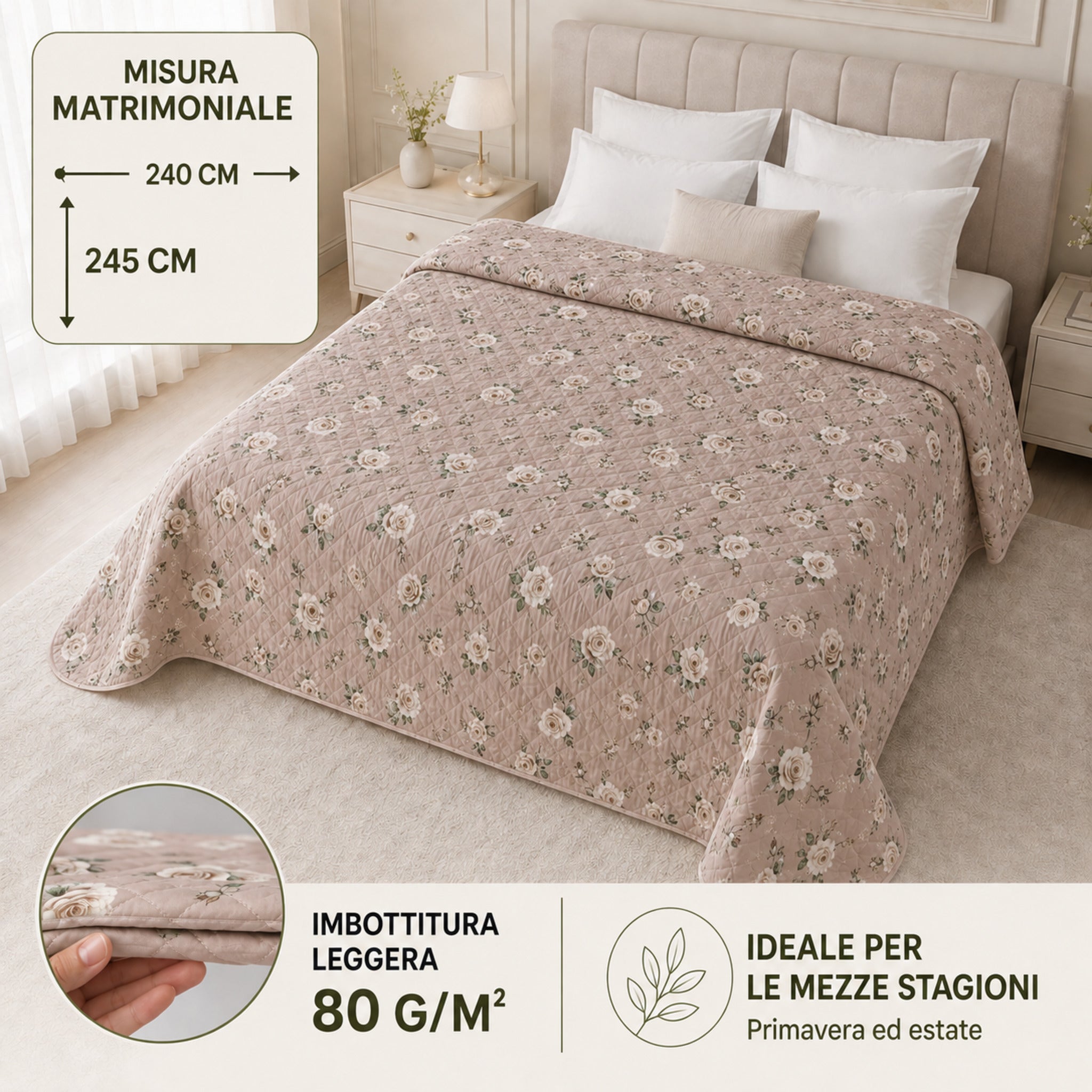 Copriletto Callas 3 Tortora misura matrimoniale 240x245 cm con imbottitura da 80 g/m²